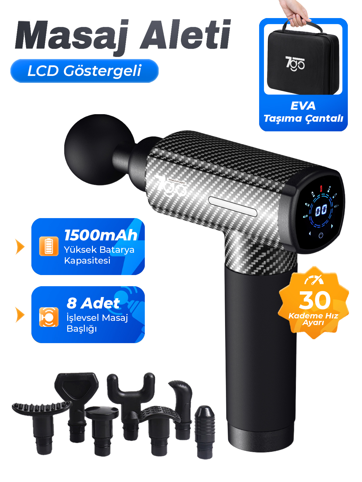 7GO 7GMG3 Masaj Tabancası | 8 Başlık | 30 Kademe Hız | LCD Ekran | Sessiz Güçlü Motor | 1500mAh Batarya | Taşınabilir Masaj Aleti