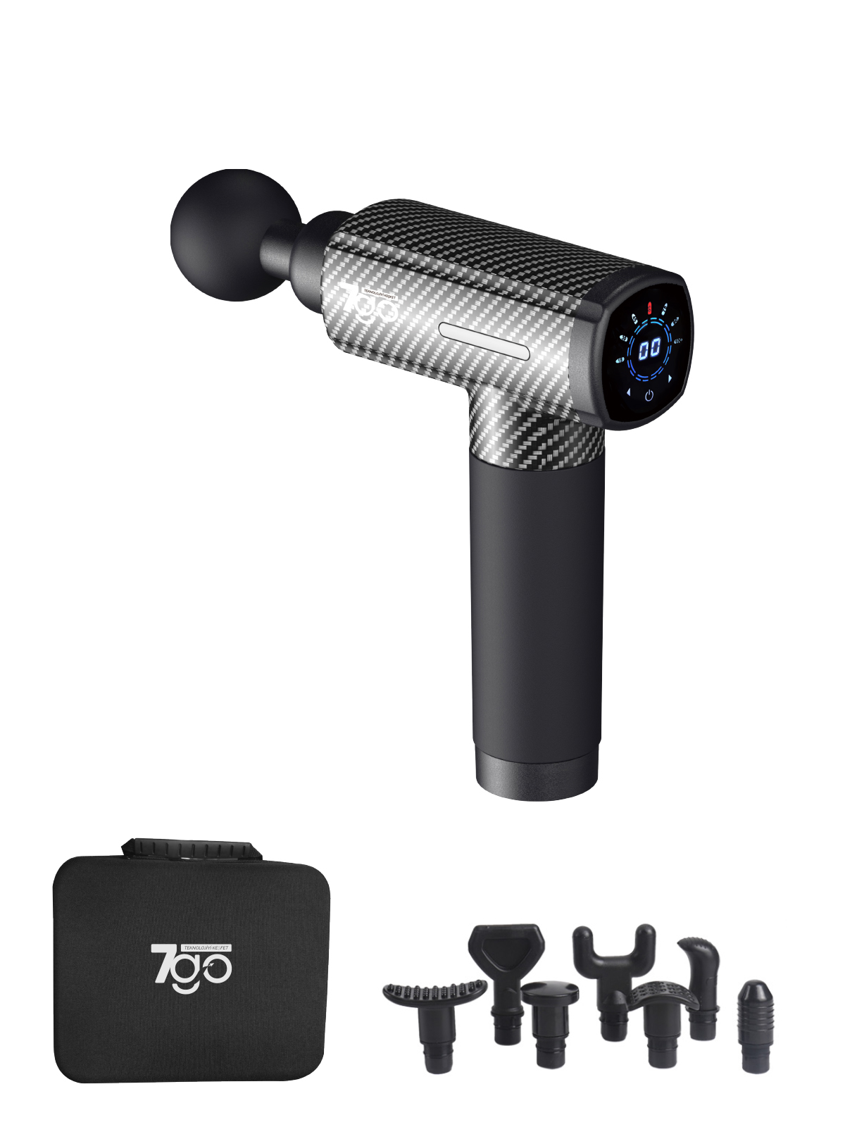 7GO 7GMG3 Masaj Tabancası | 8 Başlık | 30 Kademe Hız | LCD Ekran | Sessiz Güçlü Motor | 1500mAh Batarya | Taşınabilir Masaj Aleti