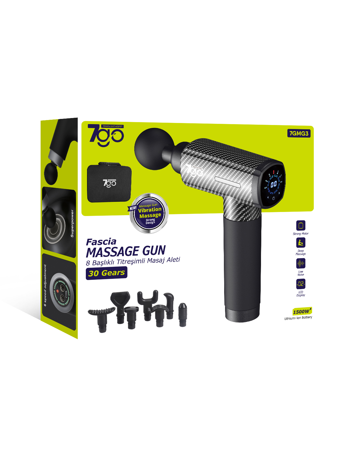 7GO 7GMG3 Masaj Tabancası | 8 Başlık | 30 Kademe Hız | LCD Ekran | Sessiz Güçlü Motor | 1500mAh Batarya | Taşınabilir Masaj Aleti