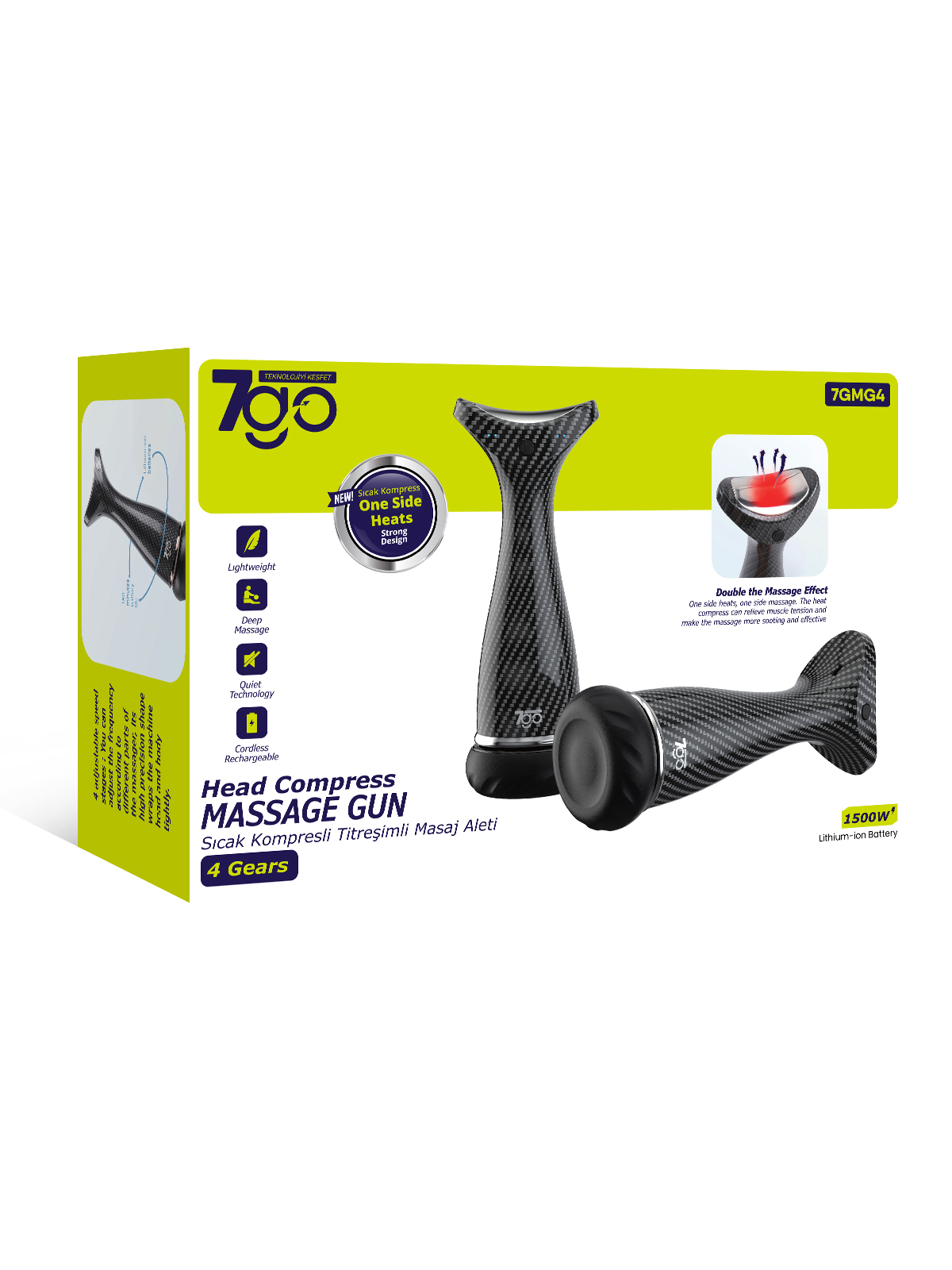 7GO 7GMG4 Sıcak Kompresli Masaj Tabancası | 4 Başlık, 4 Kademe, Sessiz & Derin Masaj, 1500mAh Şarjlı