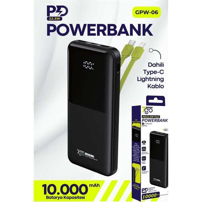 7GO GPW-06 10000mAh PD22.5W Hızlı Şarj Powerbank Siyah | Dahili Type-C & Lightning Kablo | Dijital Ekranlı Taşınabilir Şarj Cihazı