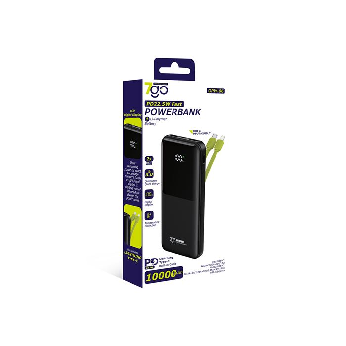 7GO GPW-06 10000mAh PD22.5W Hızlı Şarj Powerbank Siyah | Dahili Type-C & Lightning Kablo | Dijital Ekranlı Taşınabilir Şarj Cihazı