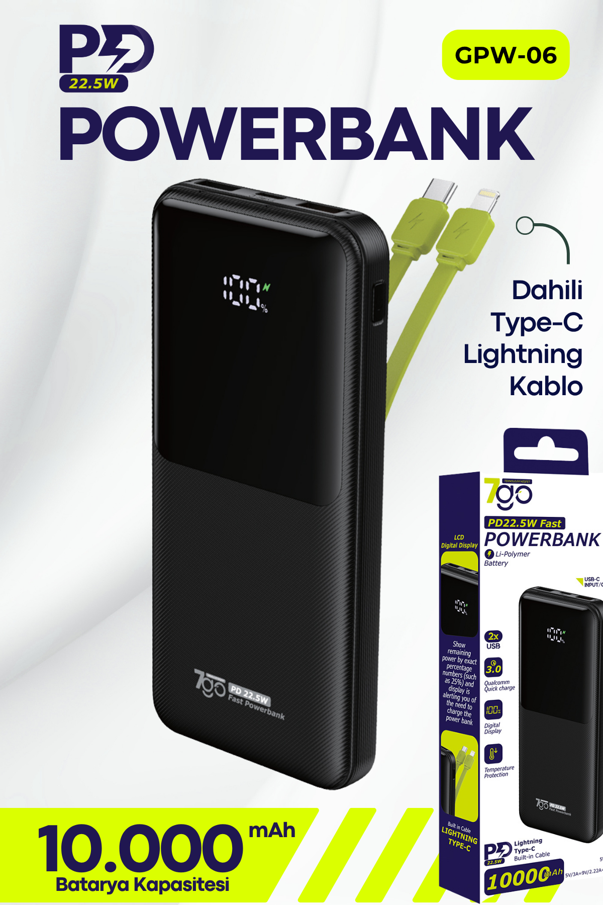 7GO GPW-06 10000mAh PD22.5W Hızlı Şarj Powerbank Siyah | Dahili Type-C & Lightning Kablo | Dijital Ekranlı Taşınabilir Şarj Cihazı