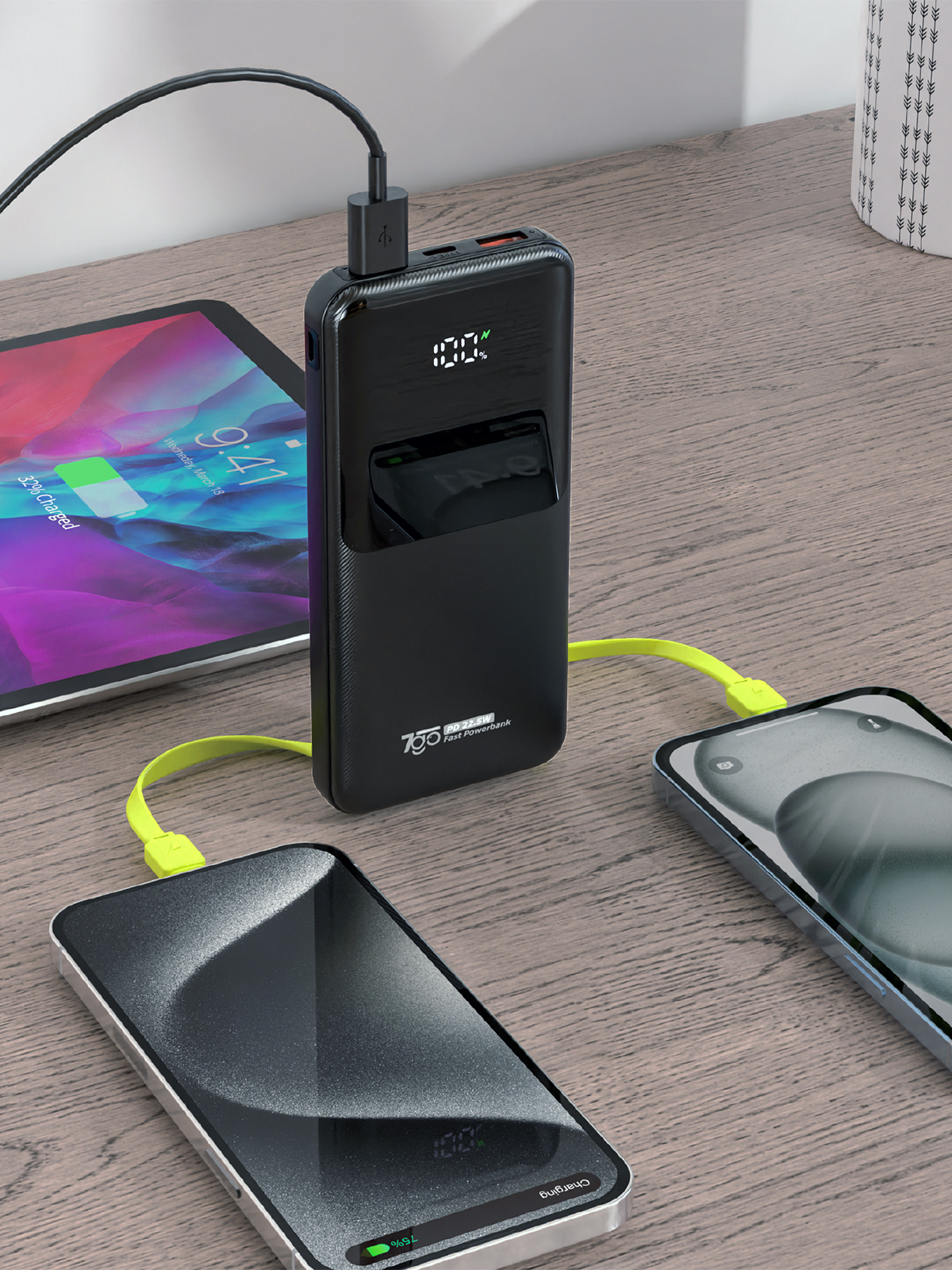 7GO GPW-06 10000mAh PD22.5W Hızlı Şarj Powerbank Siyah | Dahili Type-C & Lightning Kablo | Dijital Ekranlı Taşınabilir Şarj Cihazı