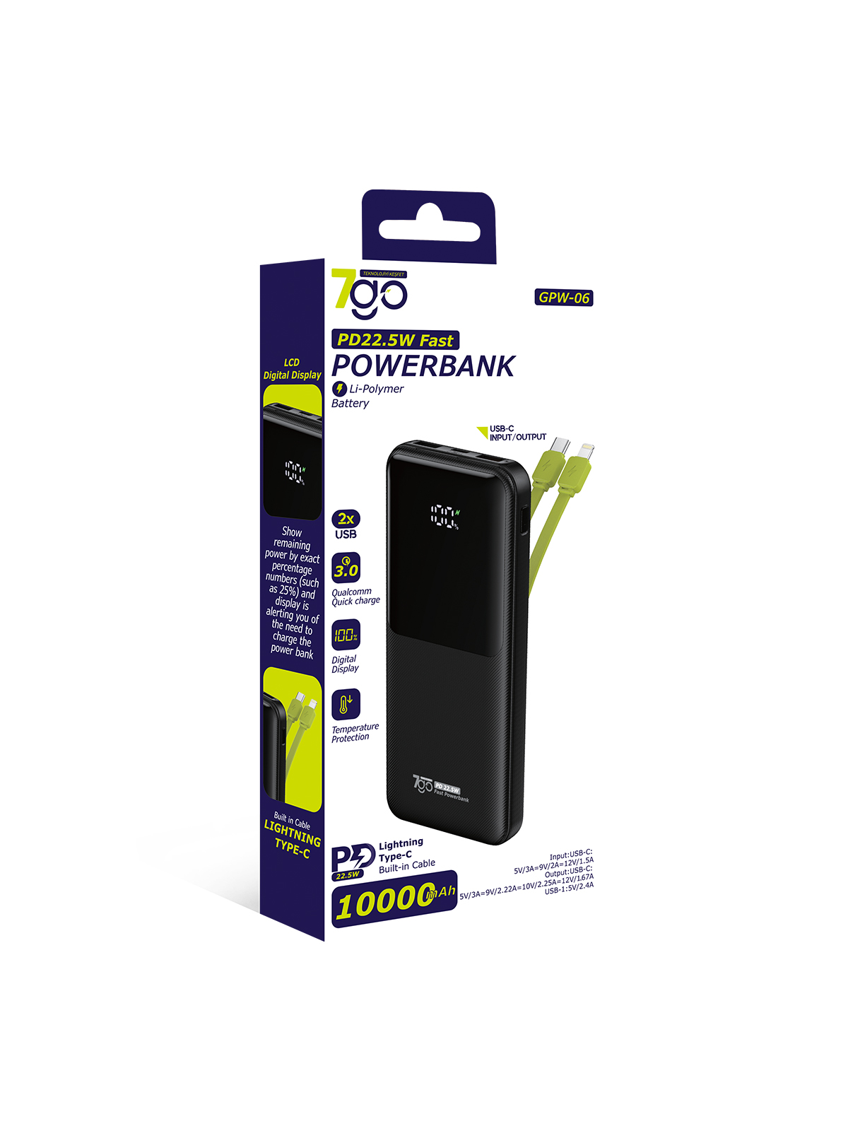 7GO GPW-06 10000mAh PD22.5W Hızlı Şarj Powerbank Siyah | Dahili Type-C & Lightning Kablo | Dijital Ekranlı Taşınabilir Şarj Cihazı