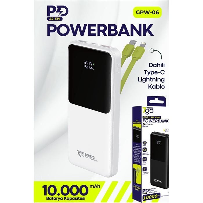 7GO GPW-06 10000mAh PD22.5W Hızlı Şarj Powerbank Beyaz | Dahili Type-C & Lightning Kablo | Dijital Ekranlı Taşınabilir Şarj Cihazı