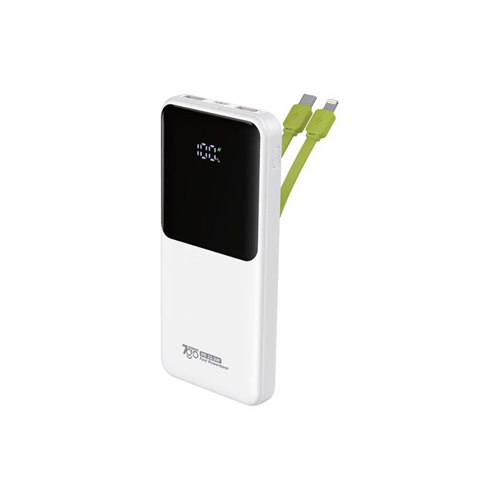 7GO GPW-06 10000mAh PD22.5W Hızlı Şarj Powerbank Beyaz | Dahili Type-C & Lightning Kablo | Dijital Ekranlı Taşınabilir Şarj Cihazı