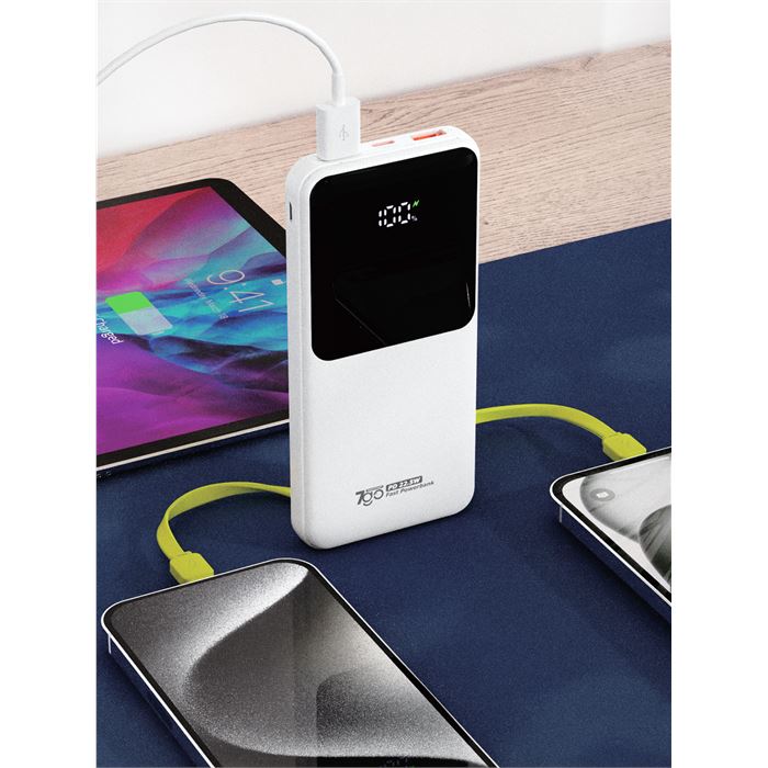 7GO GPW-06 10000mAh PD22.5W Hızlı Şarj Powerbank Beyaz | Dahili Type-C & Lightning Kablo | Dijital Ekranlı Taşınabilir Şarj Cihazı
