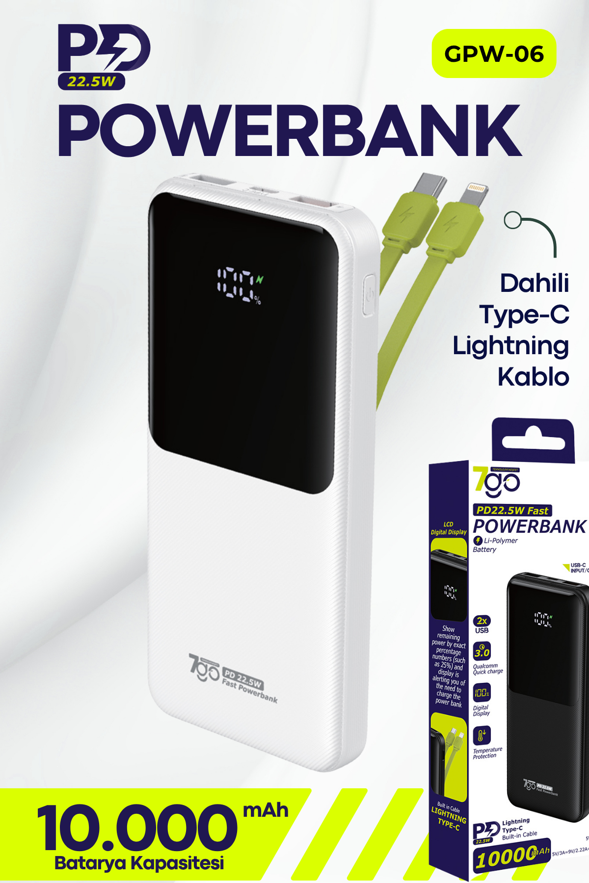 7GO GPW-06 10000mAh PD22.5W Hızlı Şarj Powerbank Beyaz | Dahili Type-C & Lightning Kablo | Dijital Ekranlı Taşınabilir Şarj Cihazı