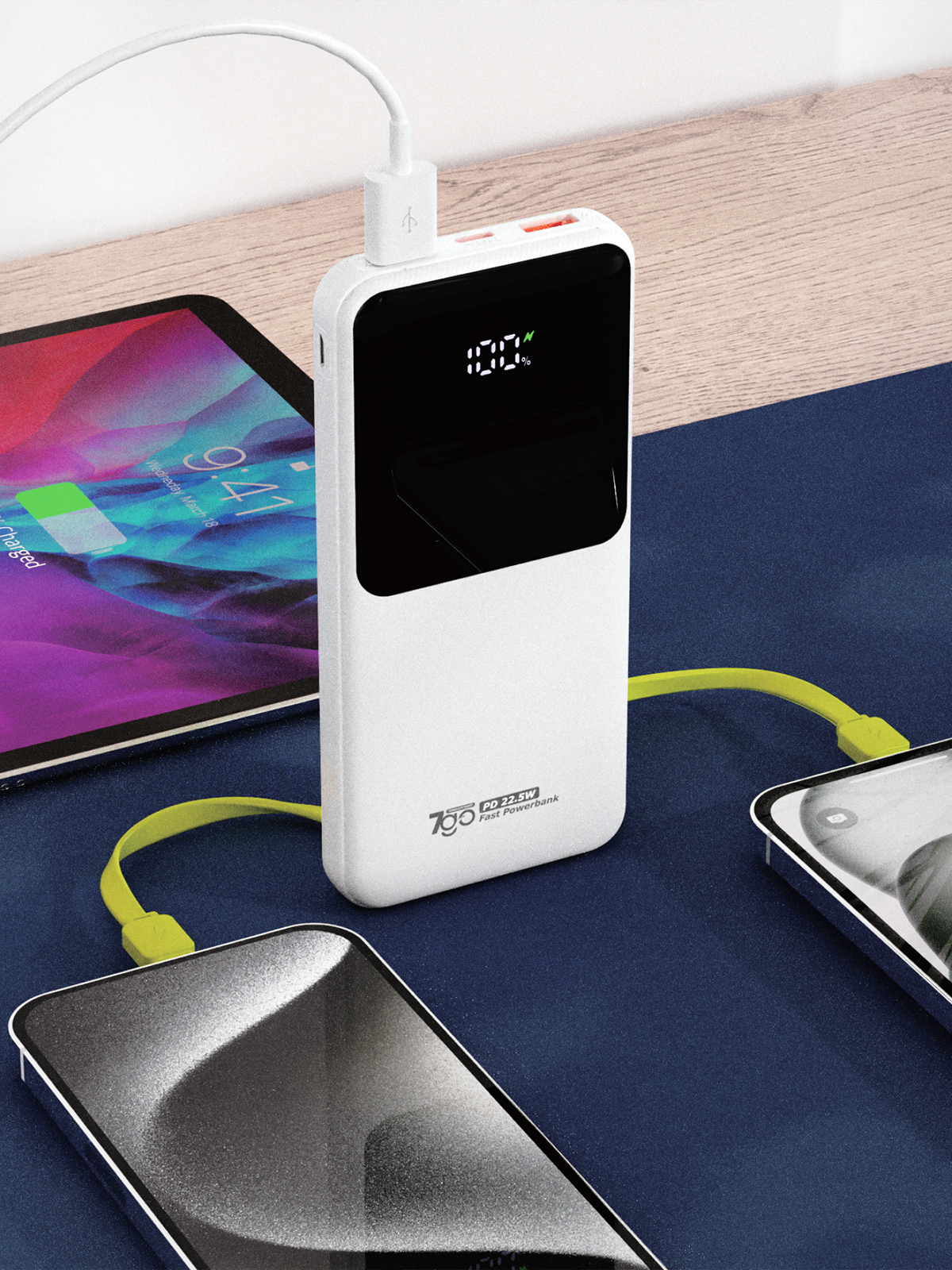 7GO GPW-06 10000mAh PD22.5W Hızlı Şarj Powerbank Beyaz | Dahili Type-C & Lightning Kablo | Dijital Ekranlı Taşınabilir Şarj Cihazı