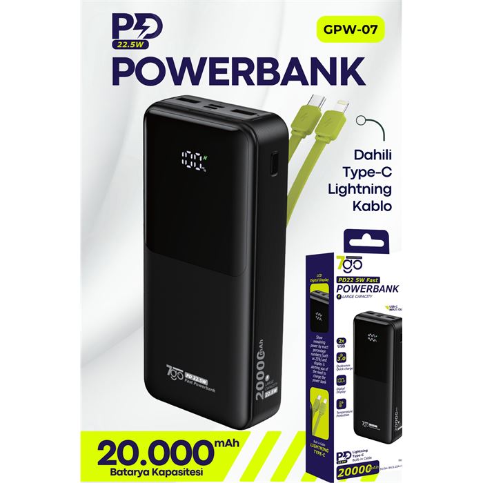 7GO GPW-07 20000mAh PD22.5W Hızlı Şarj Powerbank Siyah | Dahili Type-C & Lightning Kablo | Dijital Ekranlı Taşınabilir Şarj Cihazı