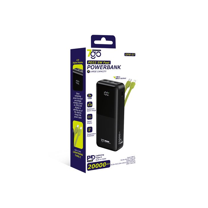 7GO GPW-07 20000mAh PD22.5W Hızlı Şarj Powerbank Siyah | Dahili Type-C & Lightning Kablo | Dijital Ekranlı Taşınabilir Şarj Cihazı