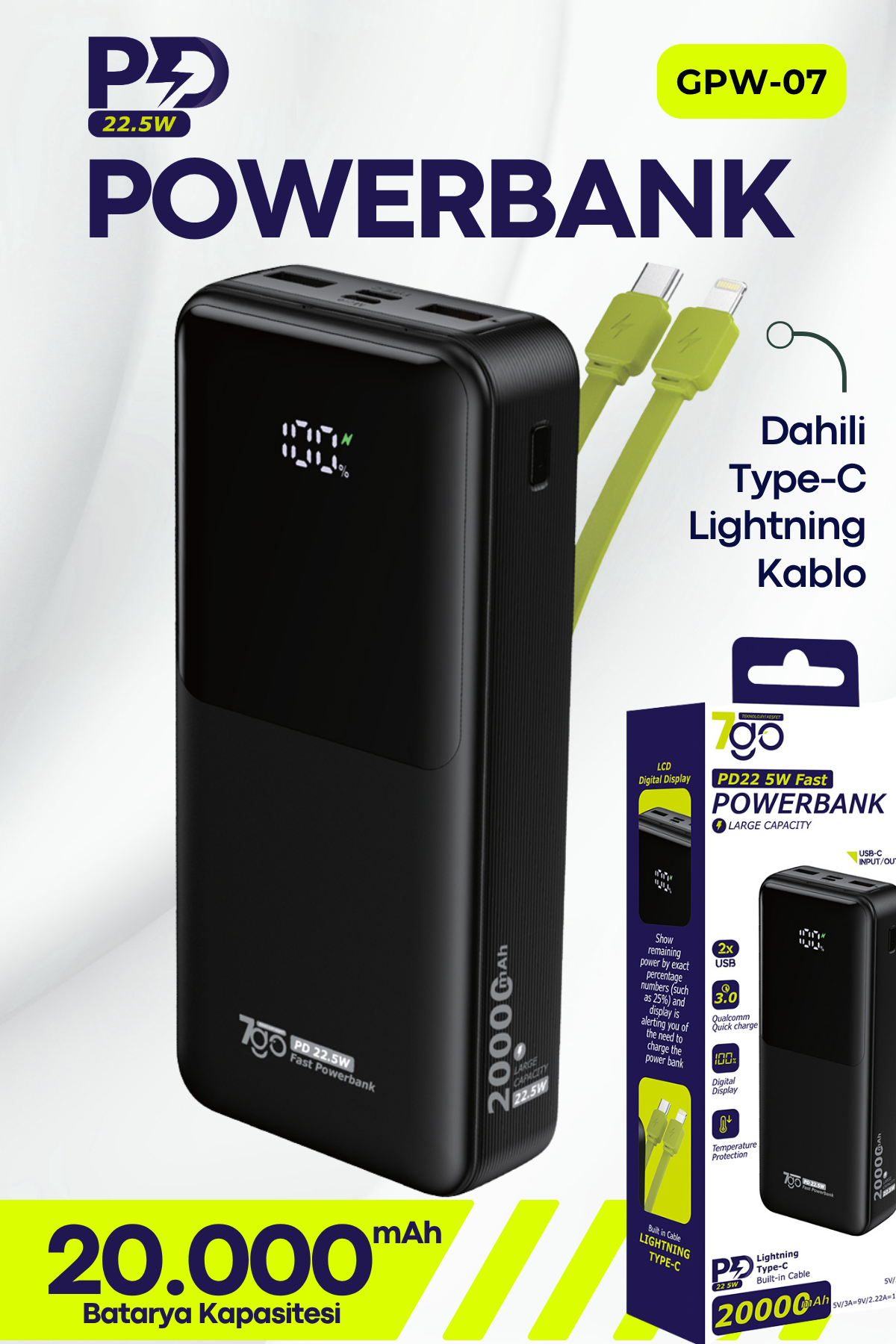 7GO GPW-07 20000mAh PD22.5W Hızlı Şarj Powerbank Siyah | Dahili Type-C & Lightning Kablo | Dijital Ekranlı Taşınabilir Şarj Cihazı