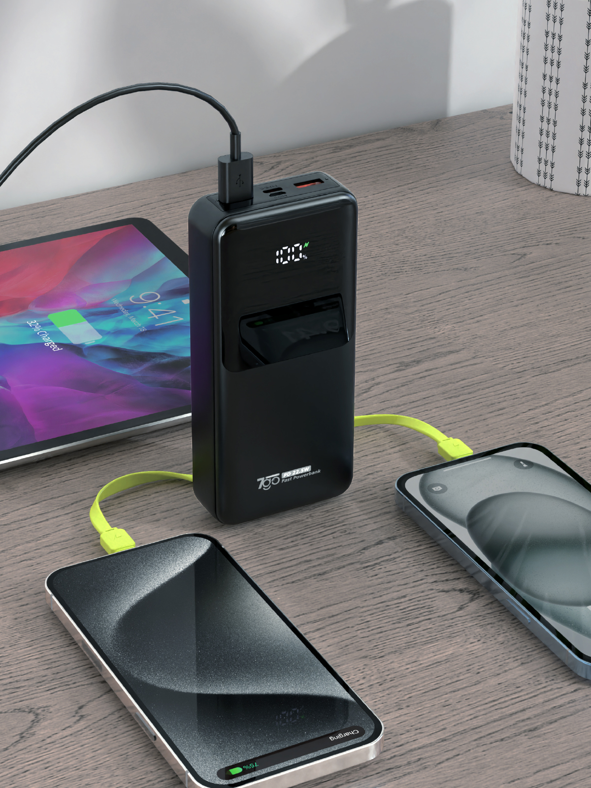 7GO GPW-07 20000mAh PD22.5W Hızlı Şarj Powerbank Siyah | Dahili Type-C & Lightning Kablo | Dijital Ekranlı Taşınabilir Şarj Cihazı