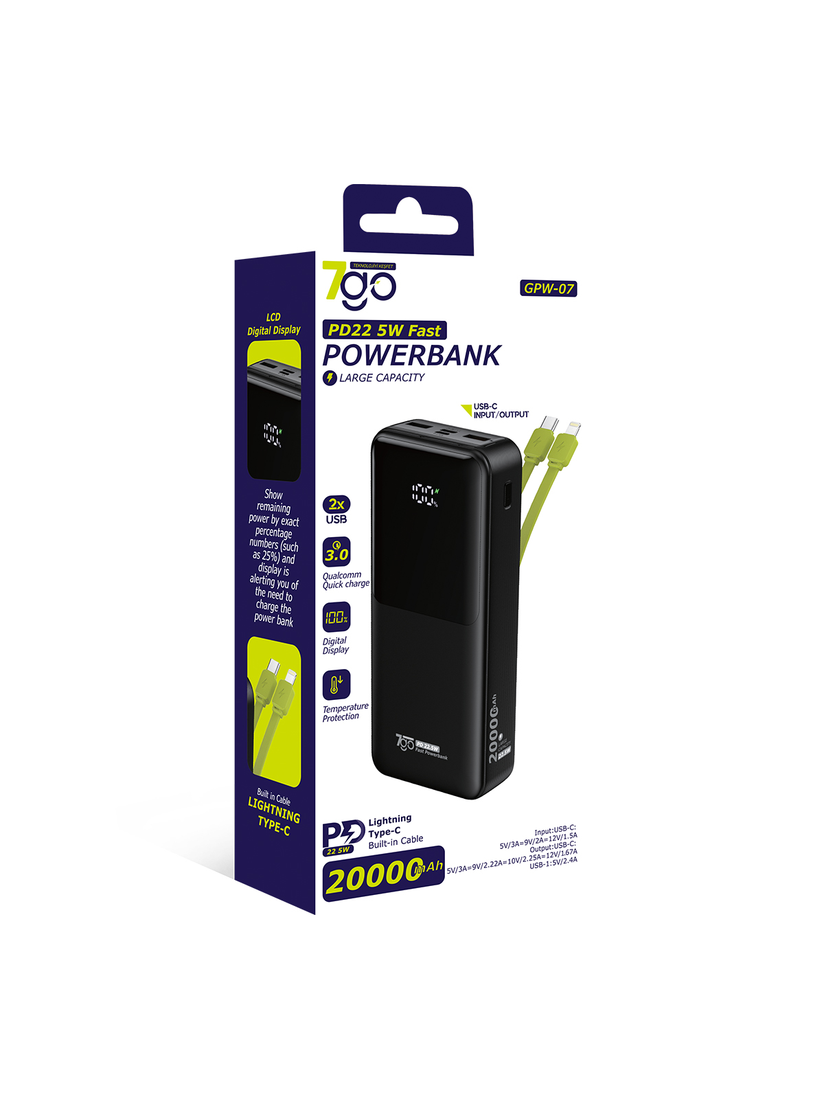 7GO GPW-07 20000mAh PD22.5W Hızlı Şarj Powerbank Siyah | Dahili Type-C & Lightning Kablo | Dijital Ekranlı Taşınabilir Şarj Cihazı