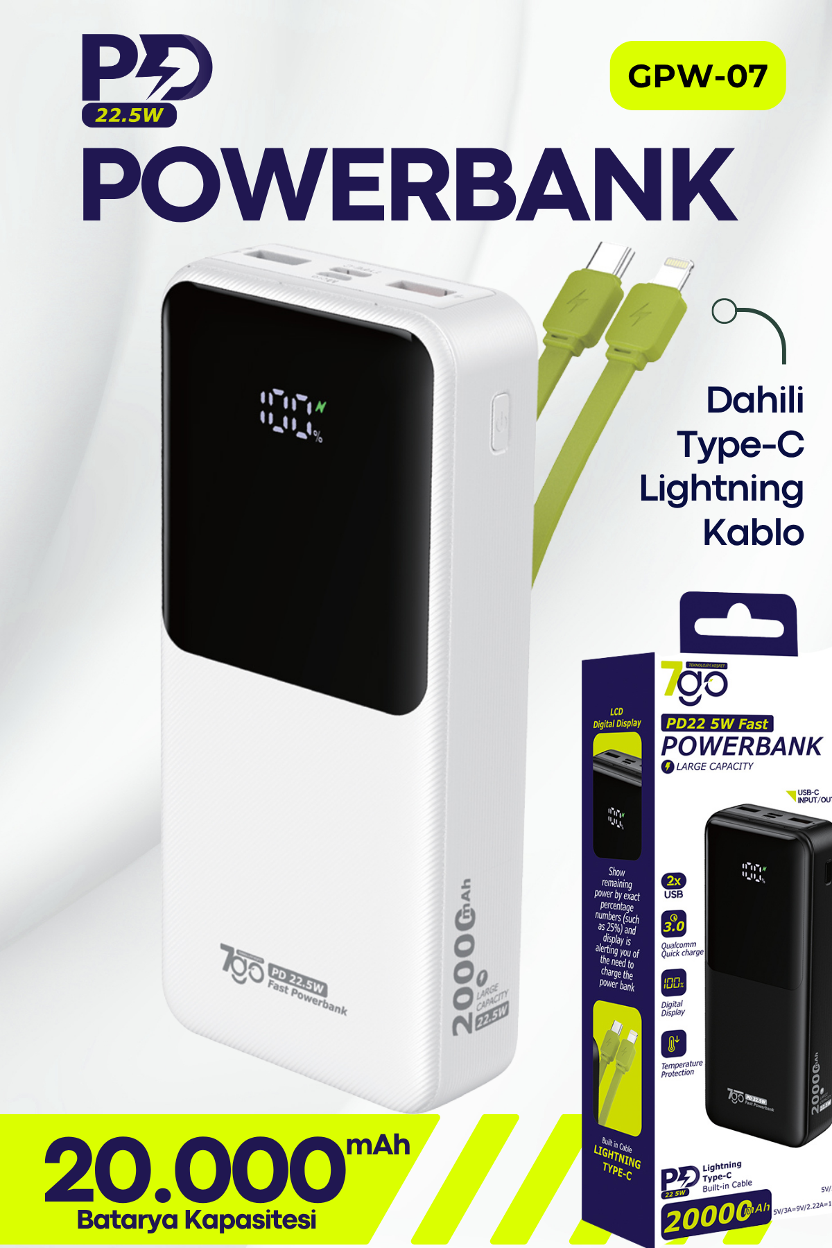 7GO GPW-07 20000mAh PD22.5W Hızlı Şarj Powerbank Beyaz | Dahili Type-C & Lightning Kablo | Dijital Ekranlı Taşınabilir Şarj Cihazı