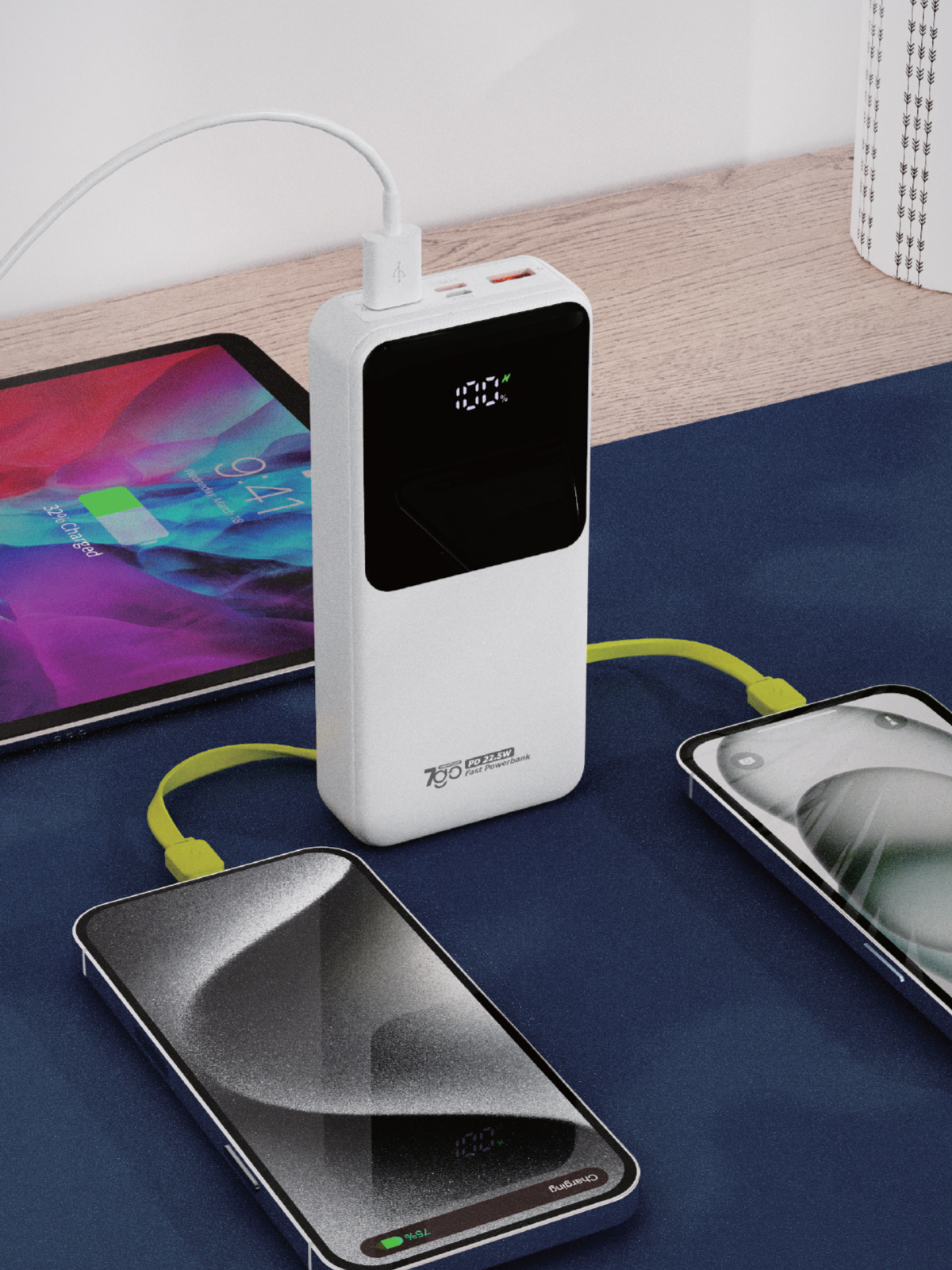 7GO GPW-07 20000mAh PD22.5W Hızlı Şarj Powerbank Beyaz | Dahili Type-C & Lightning Kablo | Dijital Ekranlı Taşınabilir Şarj Cihazı