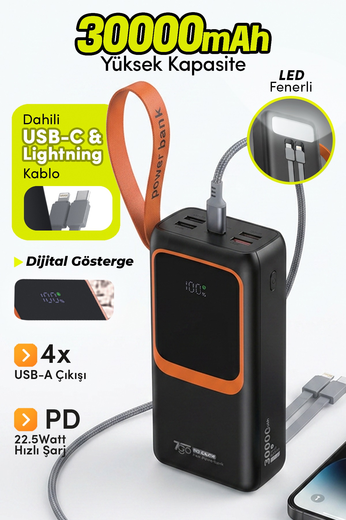 7GO GPW-08 30000mAh PD22.5W Hızlı Şarj Powerbank | 4 USB Çıkışlı, Dahili Type-C & Lightning Kablolu, Dijital Ekranlı Taşınabilir Şarj Cihazı