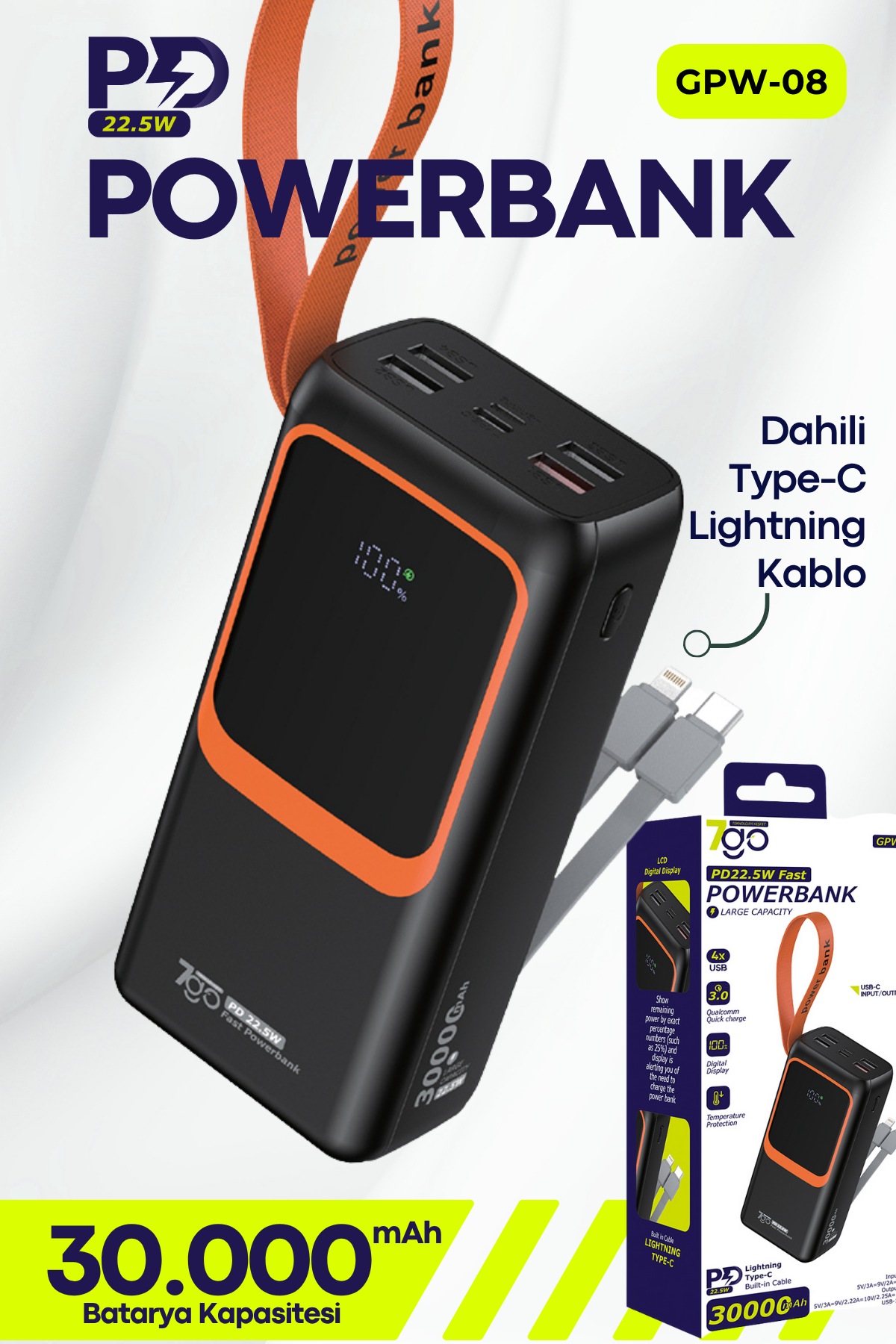 7GO GPW-08 30000mAh PD22.5W Hızlı Şarj Powerbank | 4 USB Çıkışlı, Dahili Type-C & Lightning Kablolu, Dijital Ekranlı Taşınabilir Şarj Cihazı