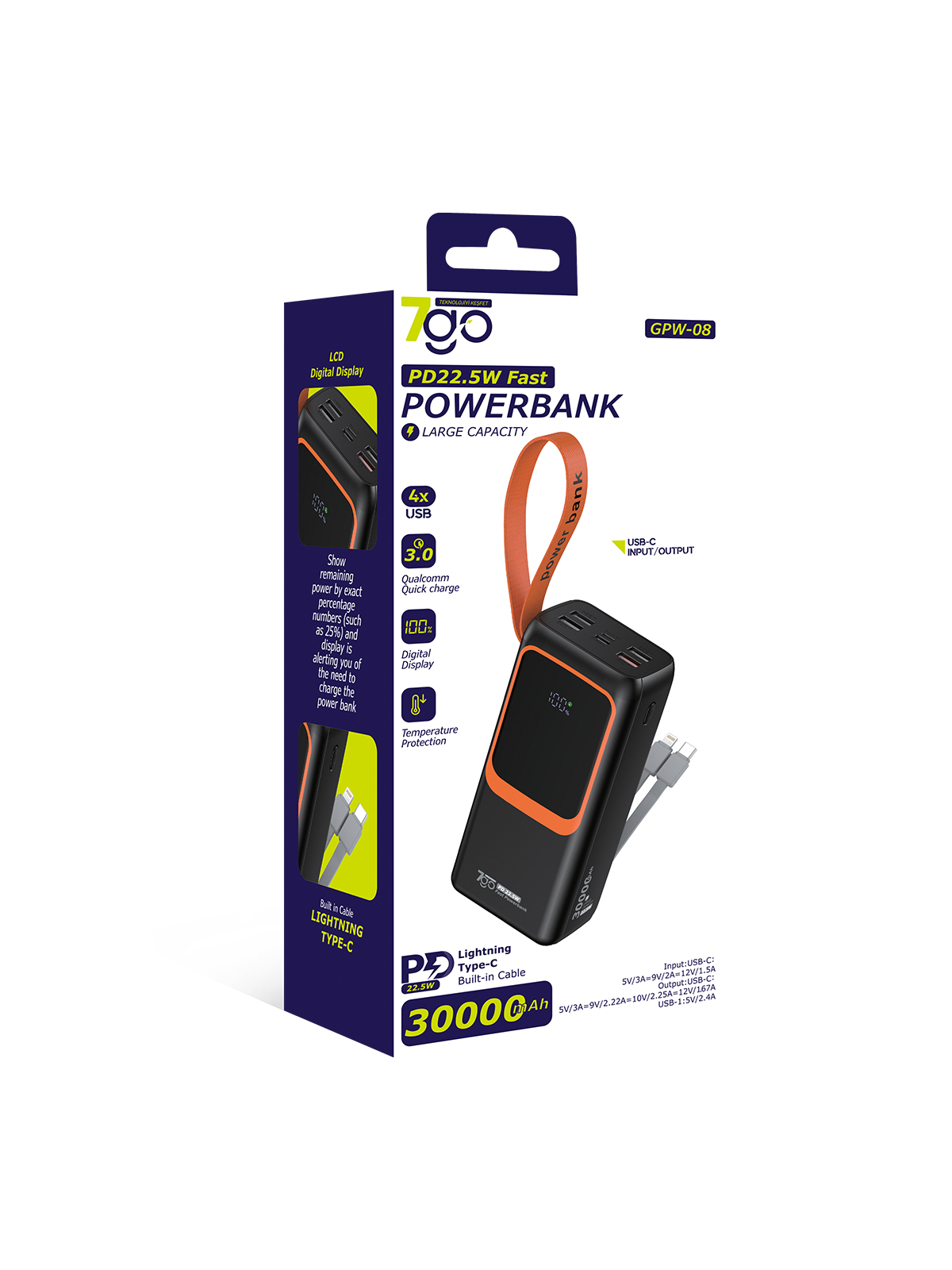 7GO GPW-08 30000mAh PD22.5W Hızlı Şarj Powerbank | 4 USB Çıkışlı, Dahili Type-C & Lightning Kablolu, Dijital Ekranlı Taşınabilir Şarj Cihazı