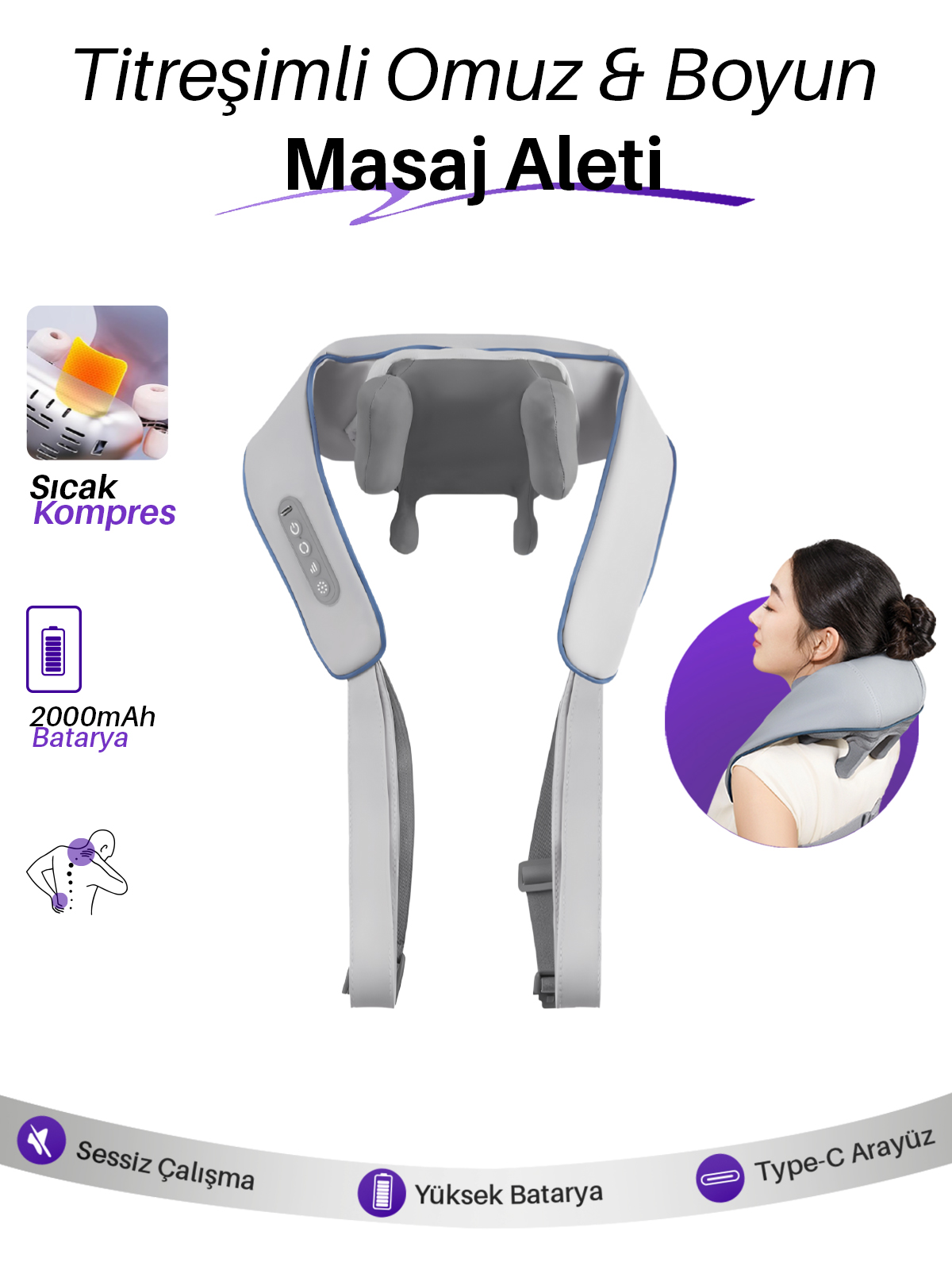 Auhma AMG31 Titreşimli Omuz ve Boyun Masaj Aleti | Isıtmalı 5D Masaj Başlığı | Sessiz Güçlü Motor | 2000mAh Şarjlı