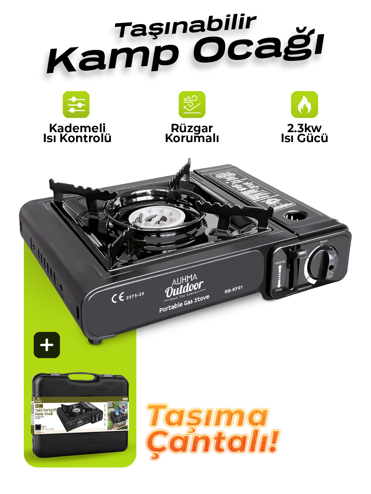 Auhma RB-KF01 Portatif Kamp Ocağı 2.3kW Siyah | Taşınabilir Tekli Gazlı Ocak | Rüzgar Geçirmez, Piknik, Kamp, Bahçe, Tekne Kullanımı İçin