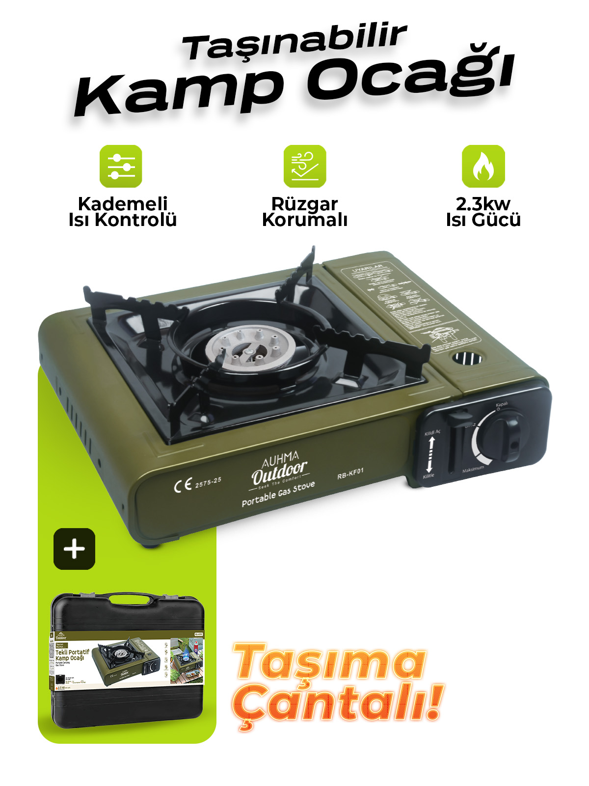 Auhma RB-KF01 Portatif Kamp Ocağı 2.3kW Yeşil | Taşınabilir Tekli Gazlı Ocak | Rüzgar Geçirmez, Piknik, Kamp, Bahçe, Tekne Kullanımı İçin