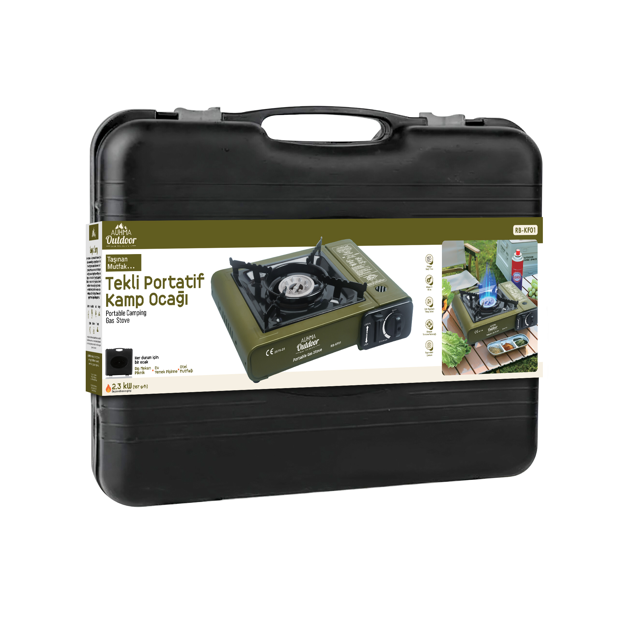 Auhma RB-KF01 Portatif Kamp Ocağı 2.3kW Yeşil | Taşınabilir Tekli Gazlı Ocak | Rüzgar Geçirmez, Piknik, Kamp, Bahçe, Tekne Kullanımı İçin