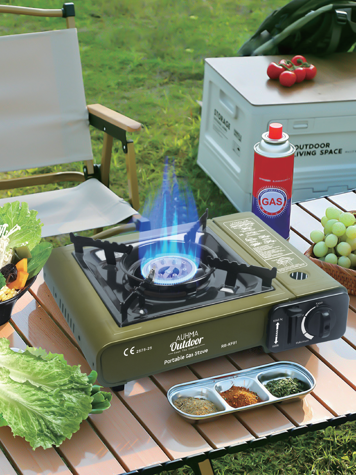 Auhma RB-KF01 Portatif Kamp Ocağı 2.3kW Yeşil | Taşınabilir Tekli Gazlı Ocak | Rüzgar Geçirmez, Piknik, Kamp, Bahçe, Tekne Kullanımı İçin