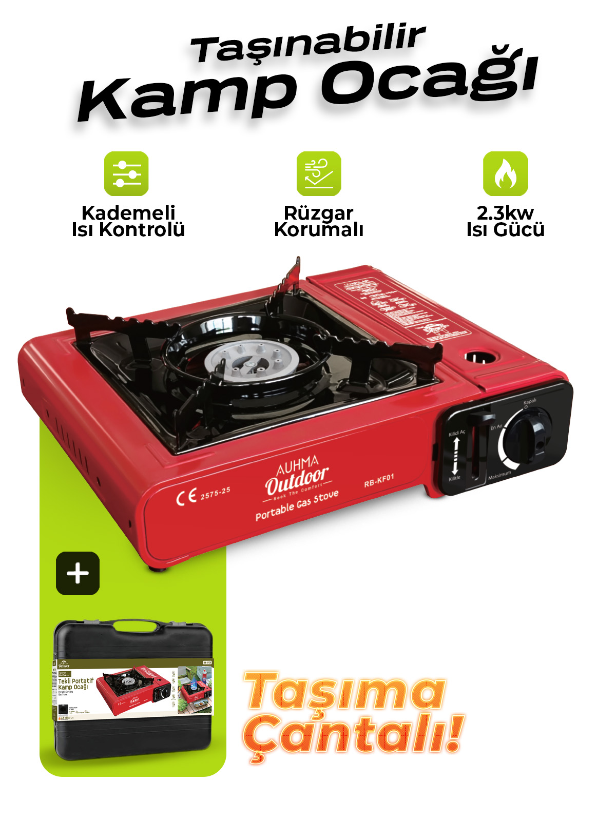 Auhma RB-KF01 Portatif Kamp Ocağı 2.3kW Kırmızı | Taşınabilir Tekli Gazlı Ocak | Rüzgar Geçirmez, Piknik, Kamp, Bahçe, Tekne Kullanımı İçin