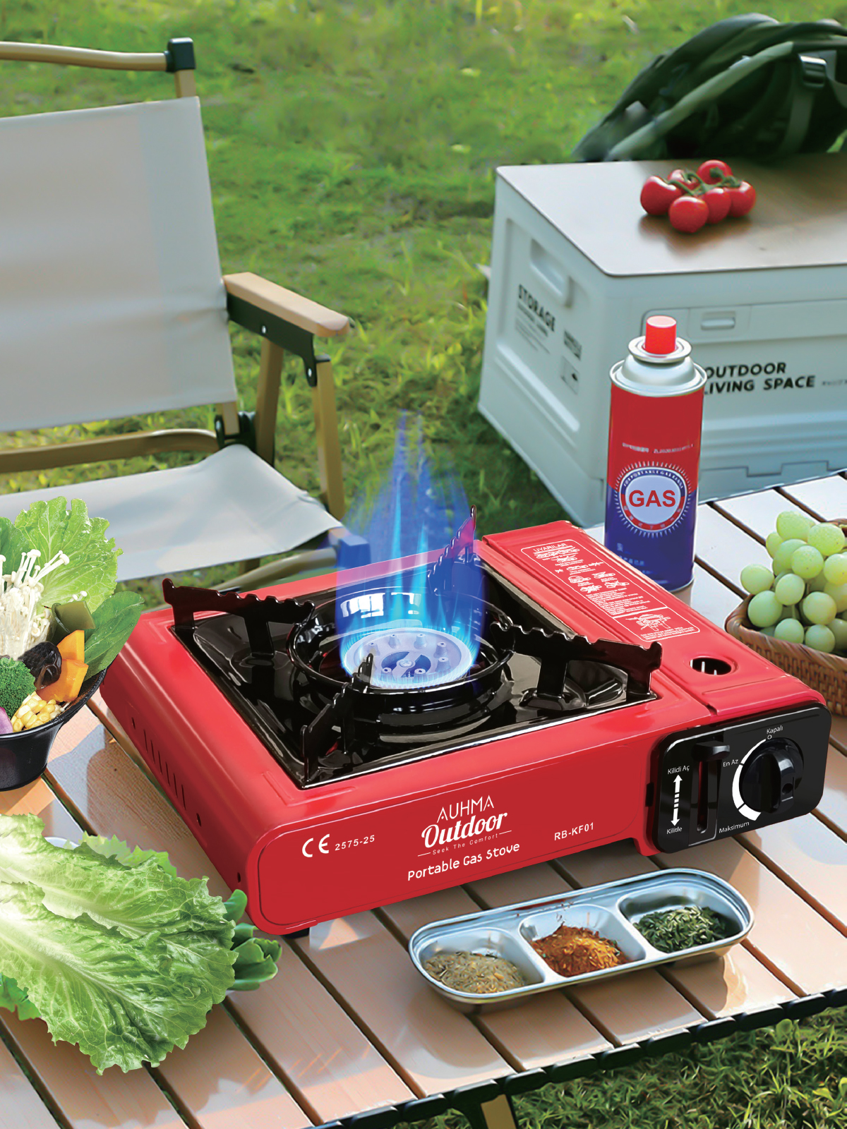 Auhma RB-KF01 Portatif Kamp Ocağı 2.3kW Kırmızı | Taşınabilir Tekli Gazlı Ocak | Rüzgar Geçirmez, Piknik, Kamp, Bahçe, Tekne Kullanımı İçin