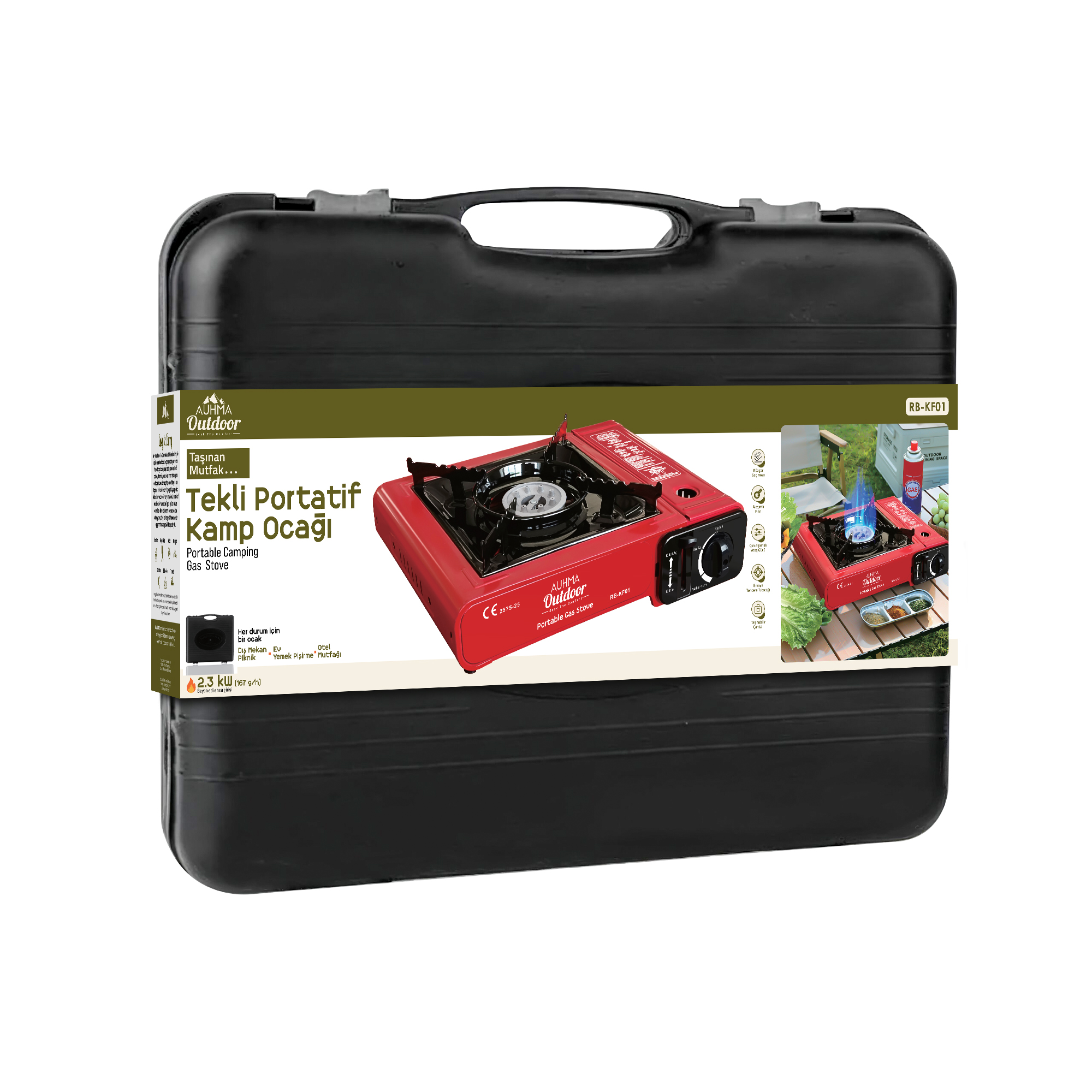 Auhma RB-KF01 Portatif Kamp Ocağı 2.3kW Kırmızı | Taşınabilir Tekli Gazlı Ocak | Rüzgar Geçirmez, Piknik, Kamp, Bahçe, Tekne Kullanımı İçin