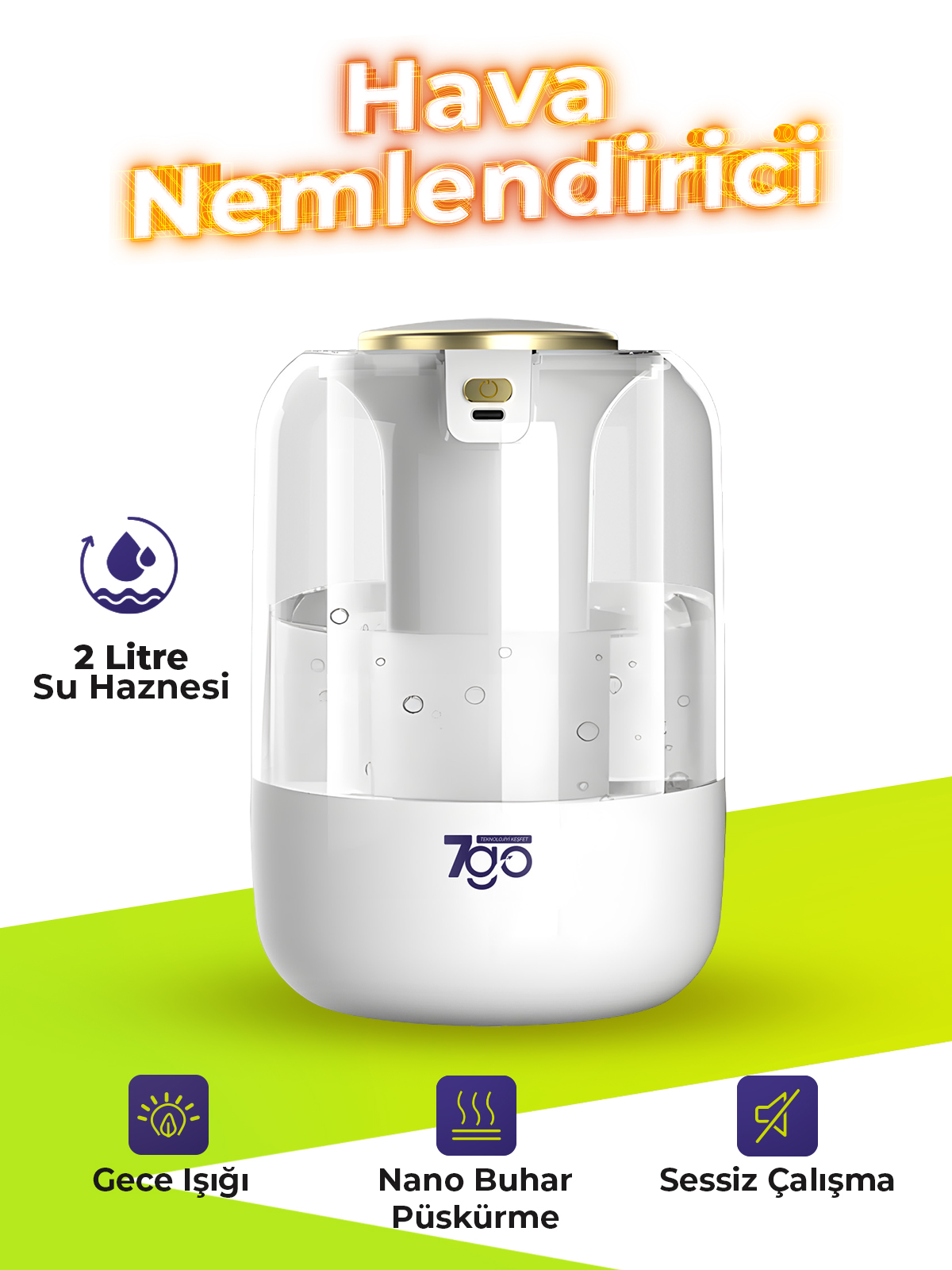 7GO 7G-UHD1 Ultrasonik Çift Çıkışlı Hava Nemlendirici | 2L Su Kapasiteli, USB-C, LED Işıklı, Sessiz Nano Buhar Teknolojisi