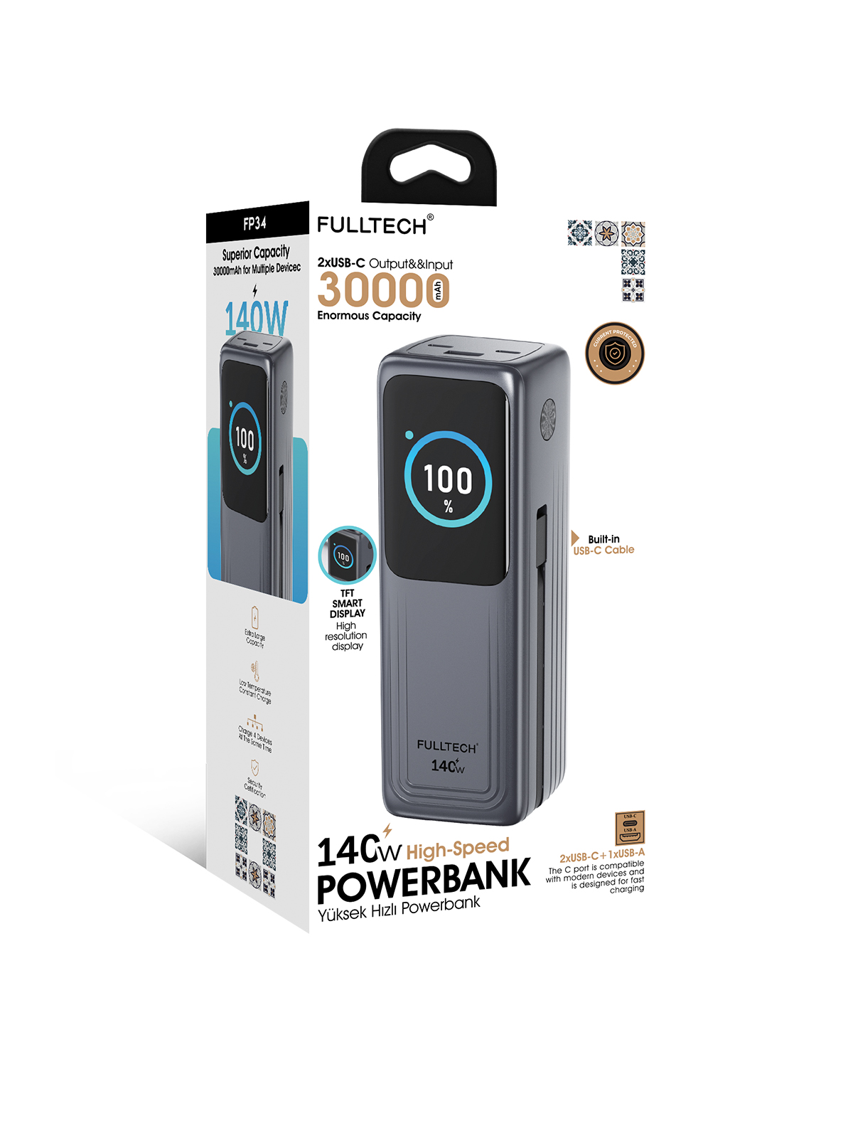Fulltech FP34 140W 30.000mAh Akıllı Ekranlı Hızlı Şarj Powerbank | 2xUSB-C & Dahili Kablo | 4 Cihaz Eşzamanlı Şarj