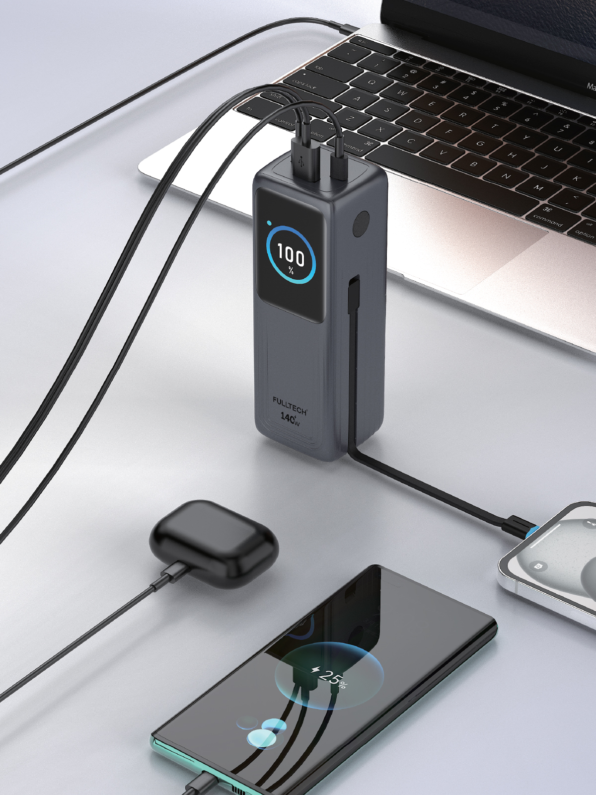 Fulltech FP34 140W 30.000mAh Akıllı Ekranlı Hızlı Şarj Powerbank | 2xUSB-C & Dahili Kablo | 4 Cihaz Eşzamanlı Şarj