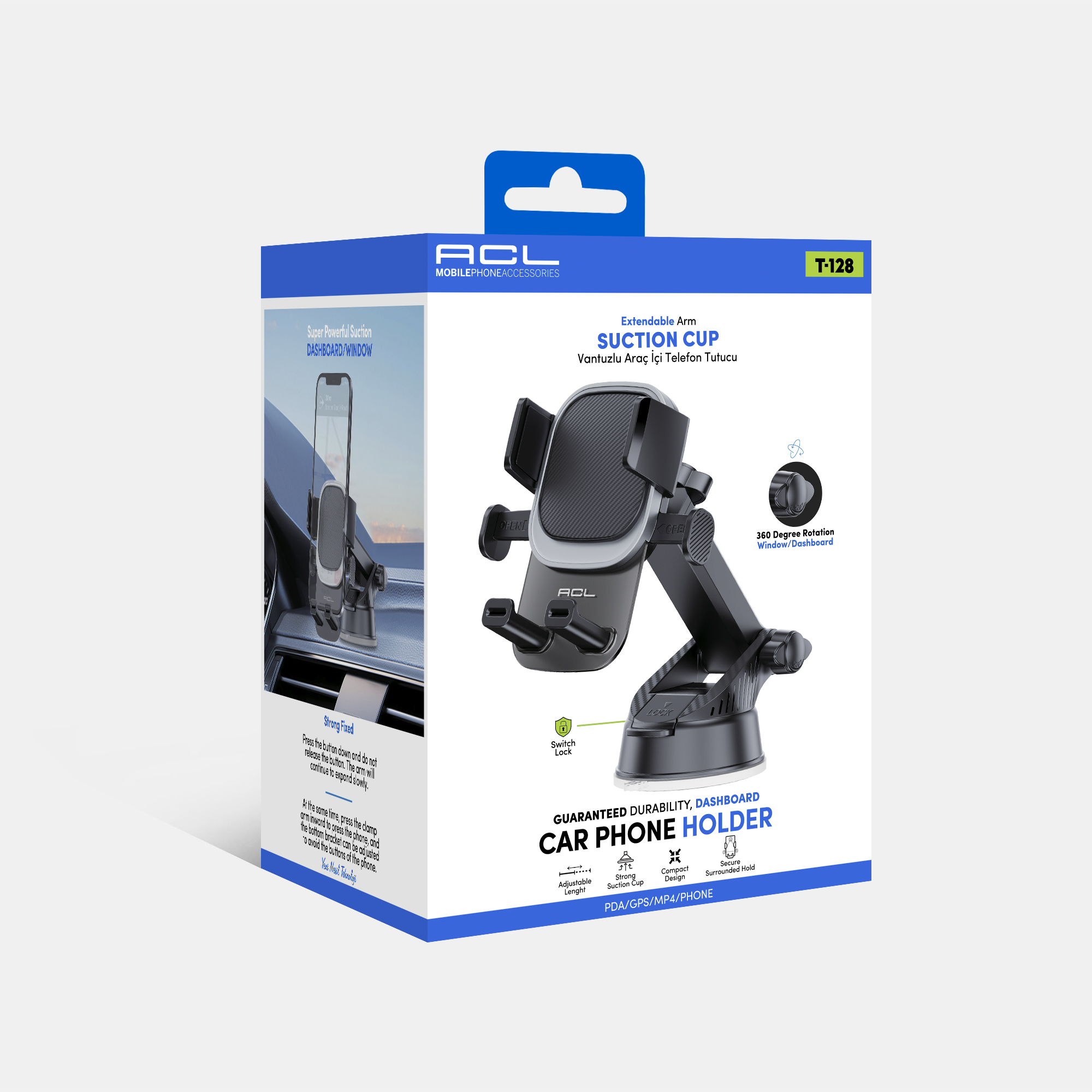 ACL T-28 Premium Safe-in Series™ Vantuzlu & Teleskopik Araç İçi Telefon Tutucu – Evrensel (53-96 mm), 360° Döner