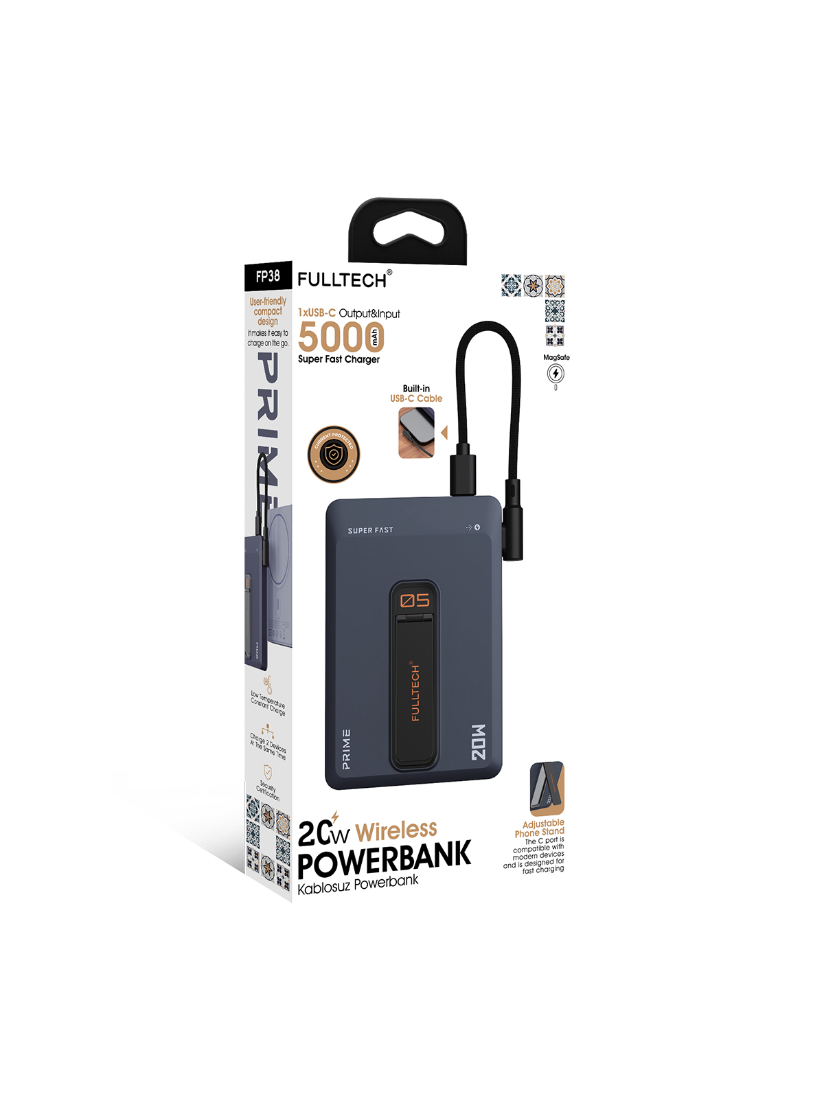 Fulltech FP38 5000 mAh MagSafe Kablosuz Powerbank | 20W PD Hızlı Şarj, Manyetik Tutucu, Dahili USB-C Kablo, Çift Çıkışlı Kompakt Tasarım