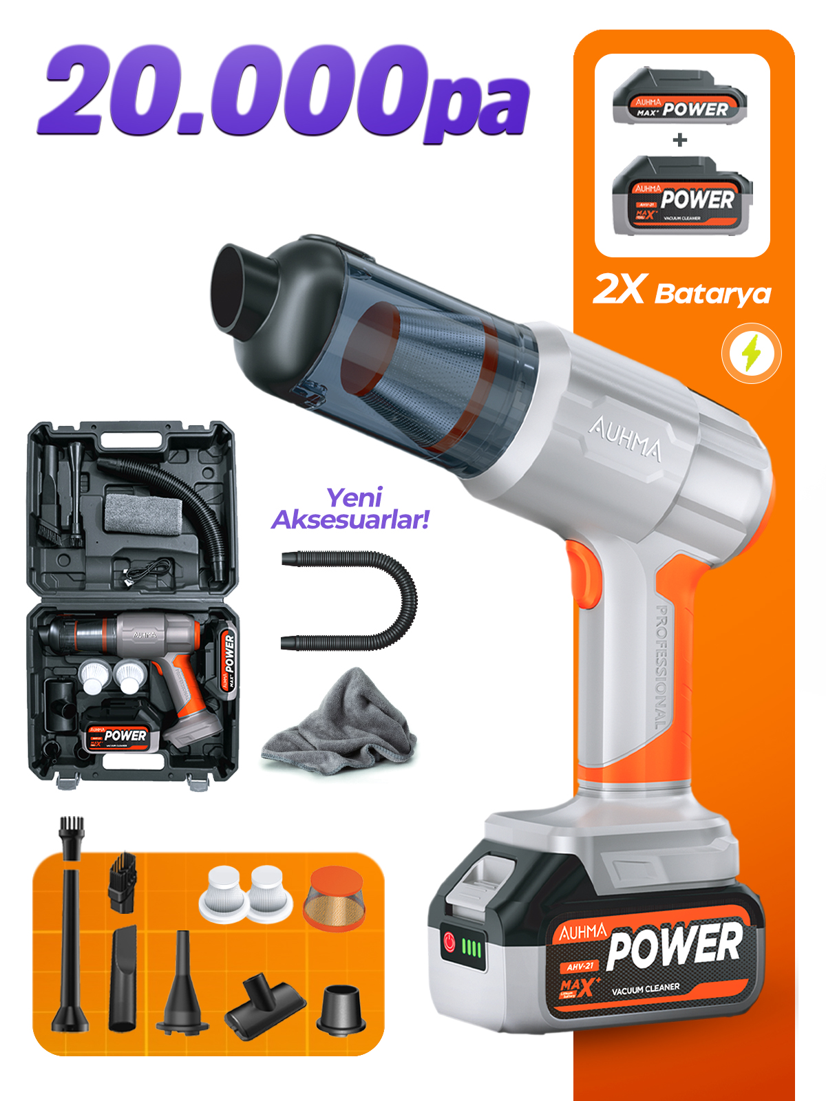 Auhma AHV-21 20.000Pa Şarjlı Araç Süpürgesi ve Hava Üfleyici - Çift Bataryalı Profesyonel Set