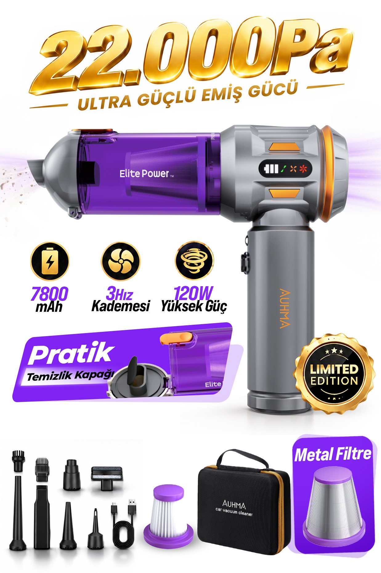 Auhma AHV-24 LIMITED EDITION – 22.000PA Brushless Kablosuz Araç İçi Basınçlı Üfleme & Çekme Süpürgesi | 126.800 RPM, 7800mAh, Hepa Filtre, 3 Mod, Pro Üfleme–Şişirme Fonksiyonu