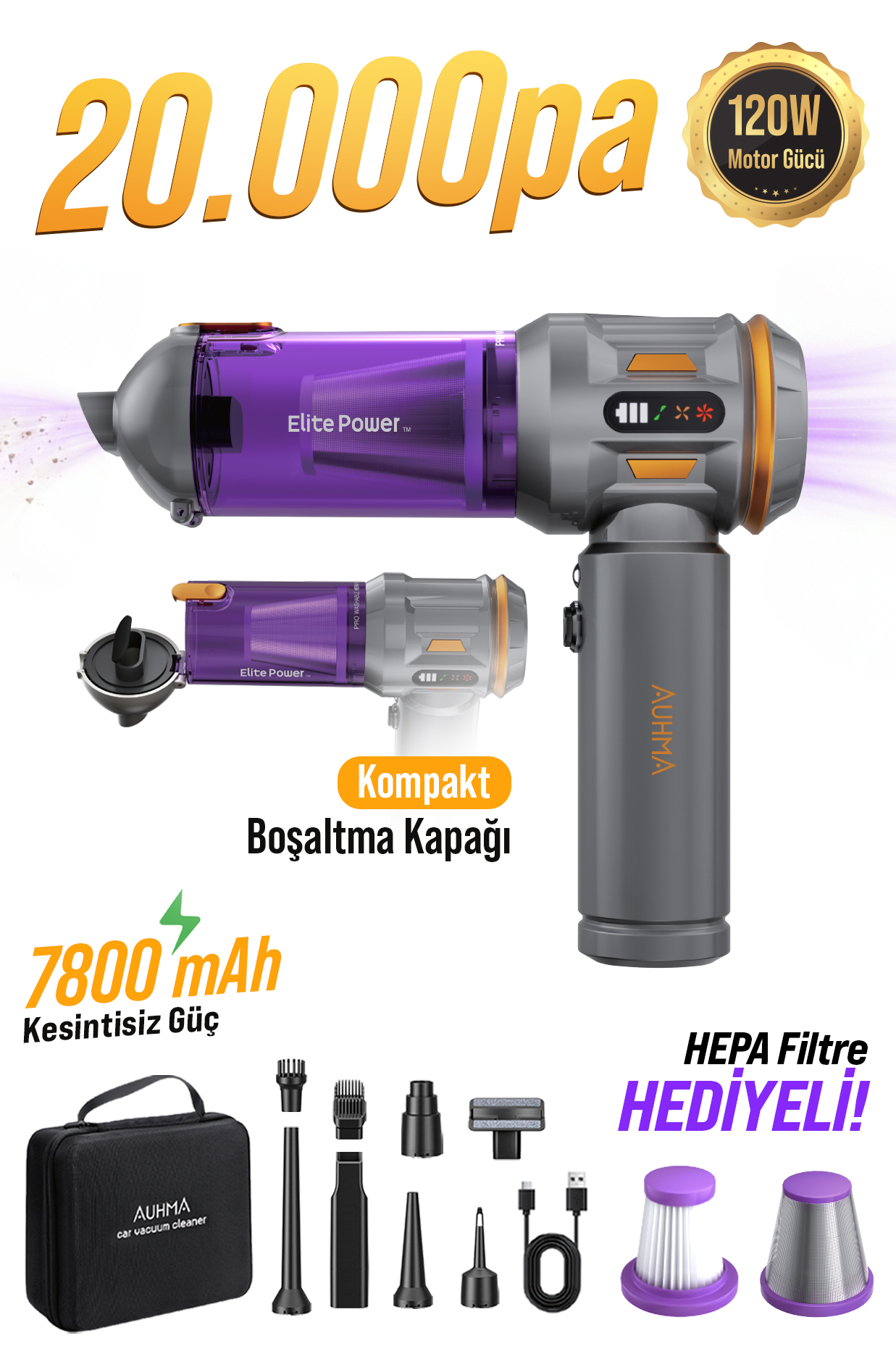 Auhma AHV-24 LIMITED EDITION – 20.000PA Brushless Kablosuz Araç İçi Basınçlı Üfleme & Çekme Süpürgesi | 126.800 RPM, 7800mAh, Hepa Filtre, 3 Mod, Pro Üfleme–Şişirme Fonksiyonu