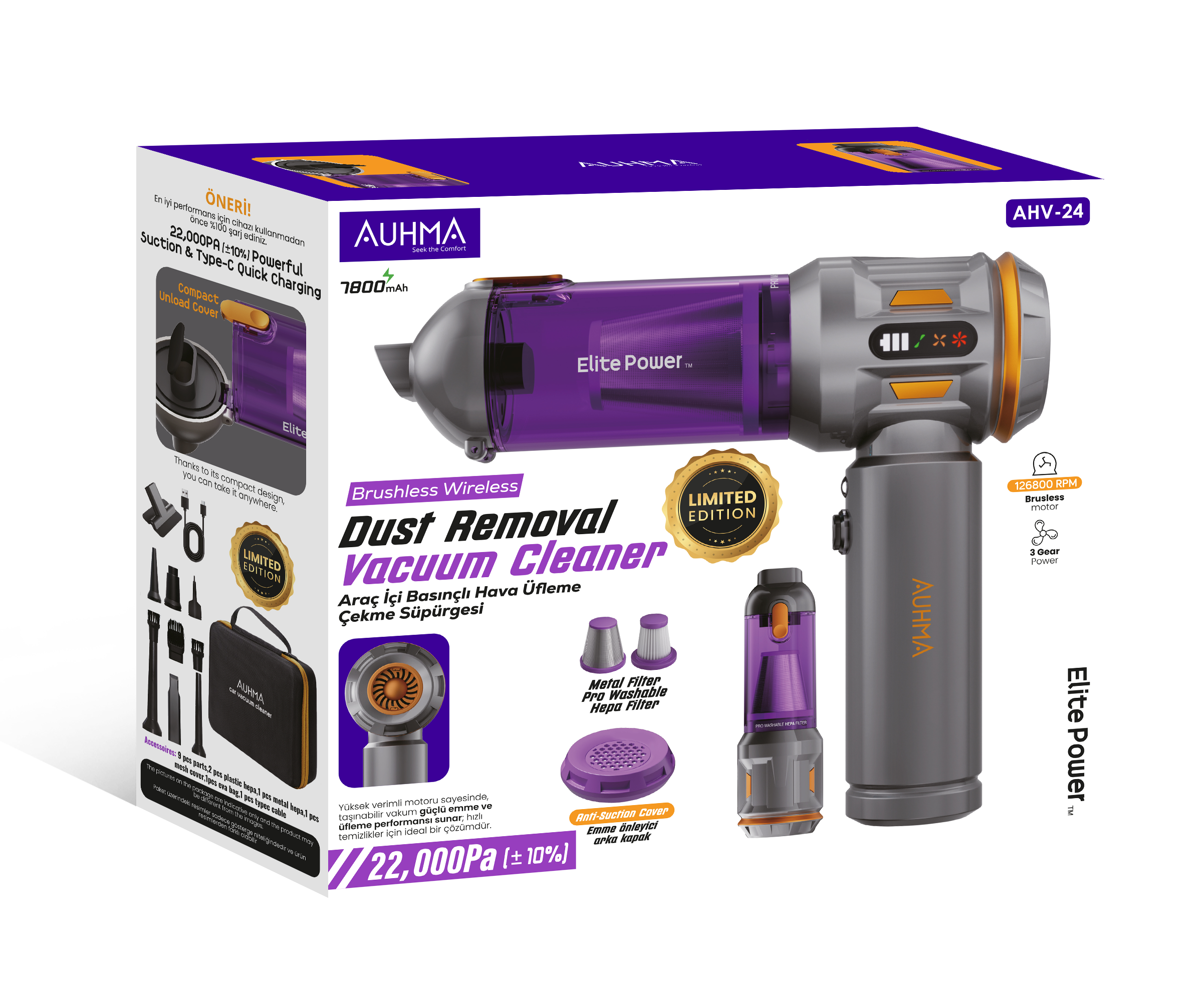 Auhma AHV-24 LIMITED EDITION – 22.000PA Brushless Kablosuz Araç İçi Basınçlı Üfleme & Çekme Süpürgesi | 126.800 RPM, 7800mAh, Hepa Filtre, 3 Mod, Pro Üfleme–Şişirme Fonksiyonu