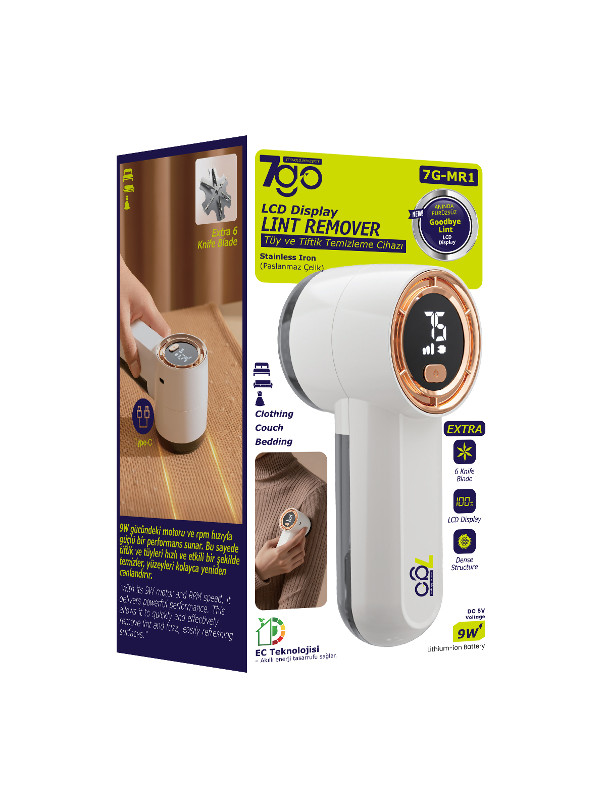 7GO 7G-MR1 LCD Ekranlı Şarjlı Tüy ve Tiftik Temizleme Cihazı - 9W Güçlü Motor, 6 Bıçaklı Kumaş Bakım Makinesi (Yedek Bıçak Hediyeli & Type-C)