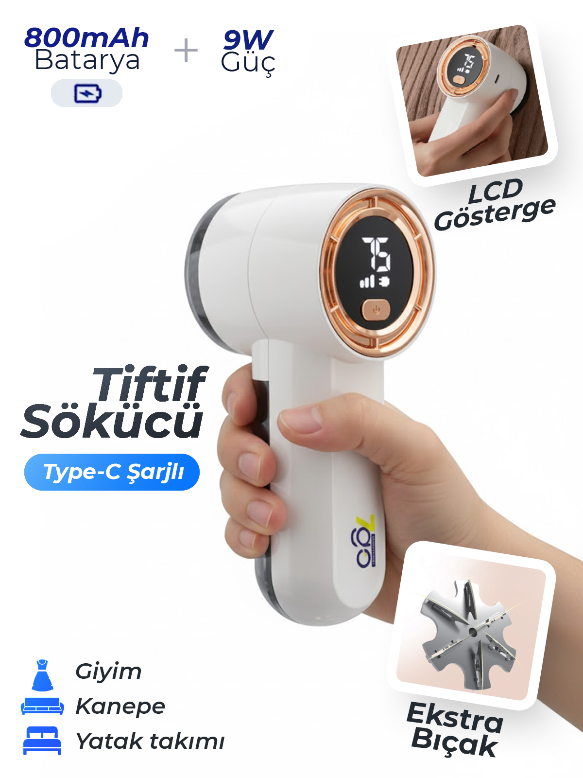 7GO 7G-MR1 LCD Ekranlı Şarjlı Tüy ve Tiftik Temizleme Cihazı - 9W Güçlü Motor, 6 Bıçaklı Kumaş Bakım Makinesi (Yedek Bıçak Hediyeli & Type-C)