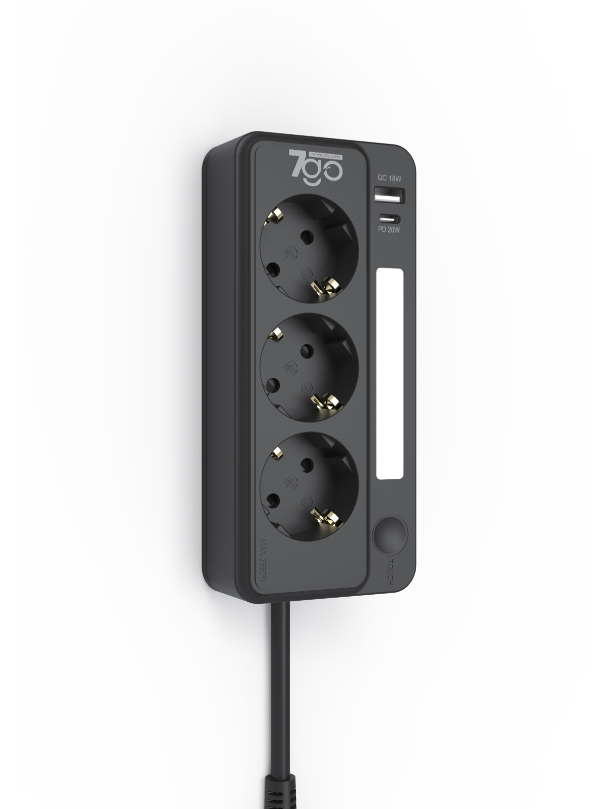 7GO 7GSP1 3680W 3'lü Priz Siyah | Akım Korumalı | 20W PD Hızlı Şarj USB | 1.9m Kablolu Akıllı LED Gece Lambalı Çoklu Priz
