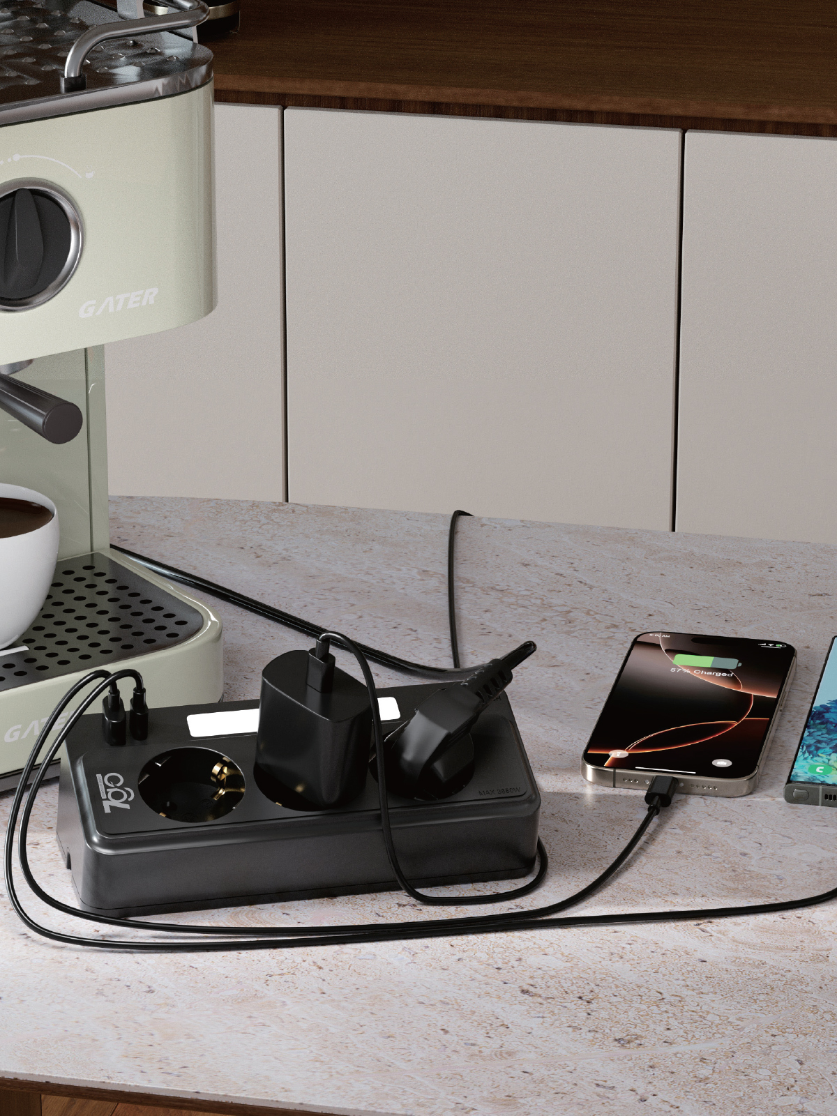 7GO 7GSP1 3680W 3'lü Priz Siyah | Akım Korumalı | 20W PD Hızlı Şarj USB | 1.9m Kablolu Akıllı LED Gece Lambalı Çoklu Priz