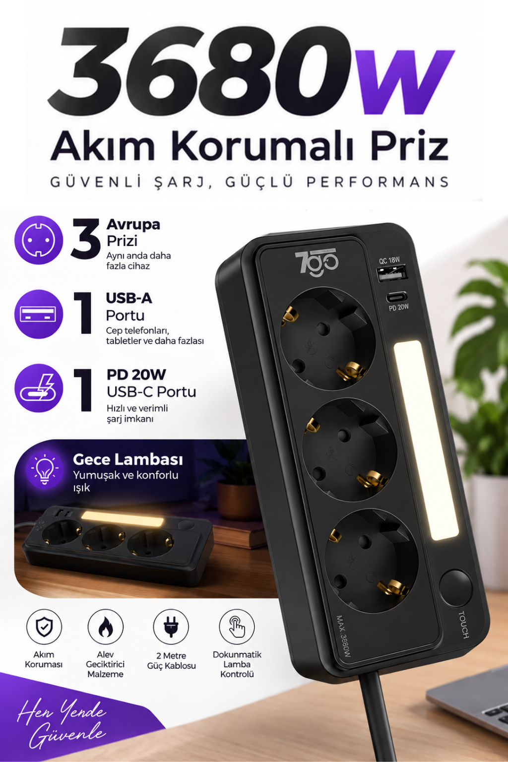 7GO 7GSP1 3680W 3'lü Priz Siyah | Akım Korumalı | 20W PD Hızlı Şarj USB | 1.9m Kablolu Akıllı LED Gece Lambalı Çoklu Priz