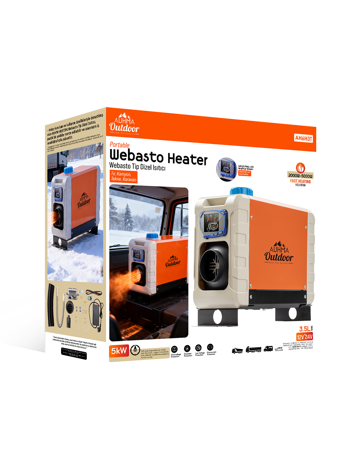 Auhma AH6H3T 5kW 12V/24V Dijital Ekranlı Webasto Tip Dizel Isıtıcı (2000W-5000W) - Tır, Kamyon, Karavan, Tekne İçin Taşınabilir Isıtma