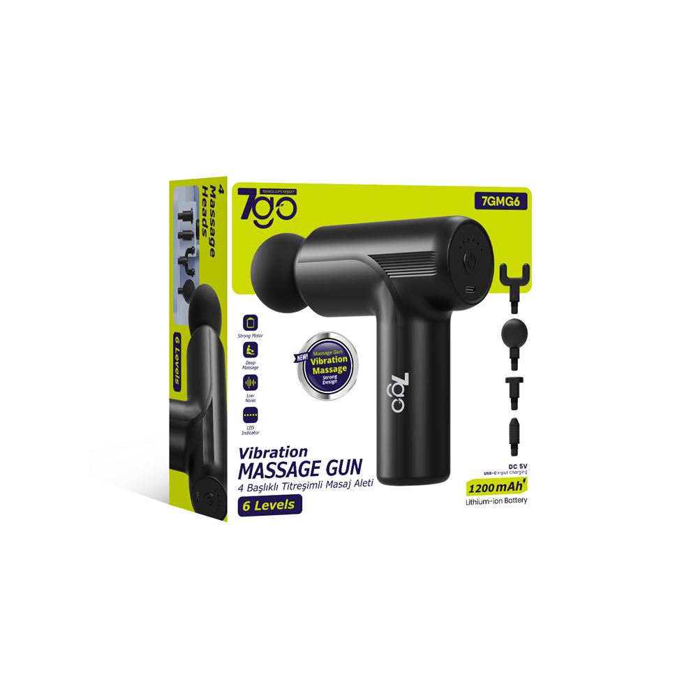 7GO 7GMG6 Mini Masaj Tabancası – 4 Başlık, 6 Kademe, 24W Güç, 1200