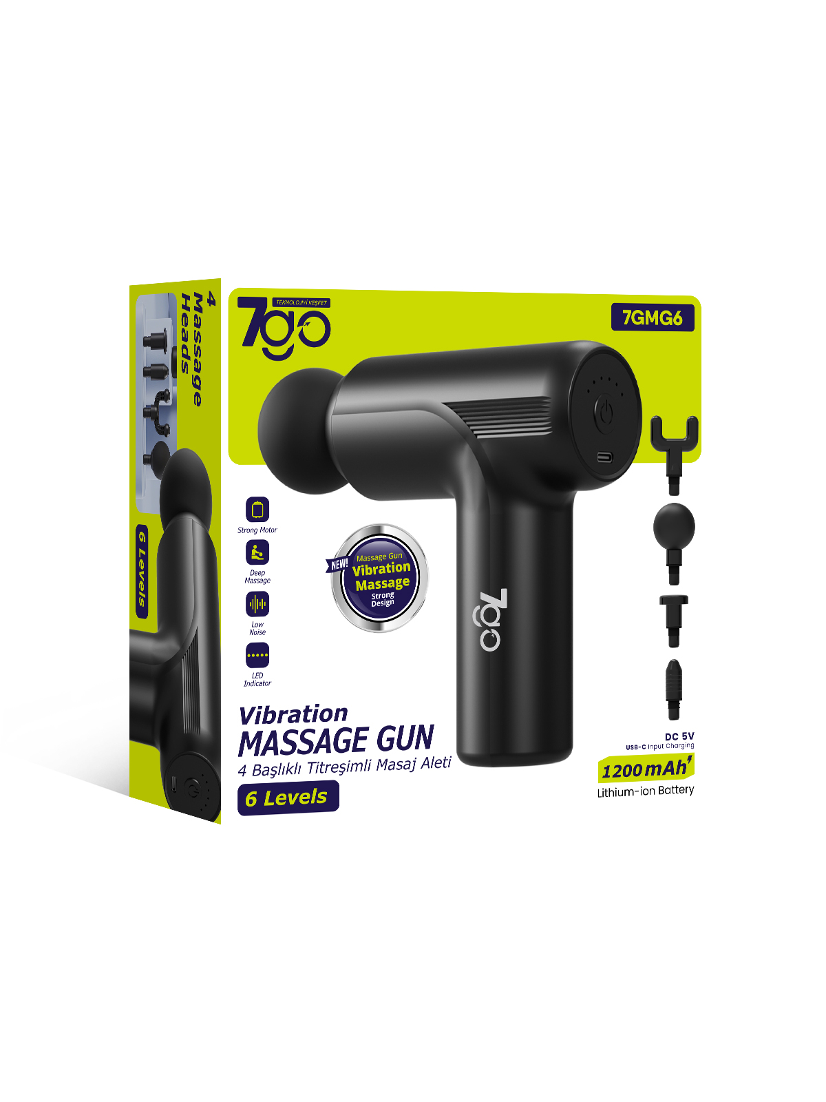 7GO 7GMG6 Mini Masaj Tabancası – 4 Başlık, 6 Kademe, 24W Güç, 1200 mAh Şarjlı Titreşimli Kas Masaj Aleti