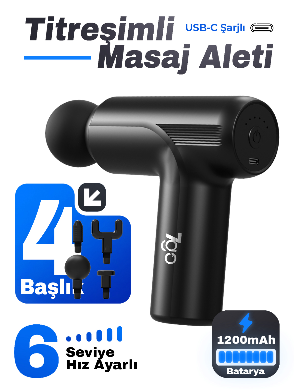 7GO 7GMG6 Mini Masaj Tabancası – 4 Başlık, 6 Kademe, 24W Güç, 1200 mAh Şarjlı Titreşimli Kas Masaj Aleti